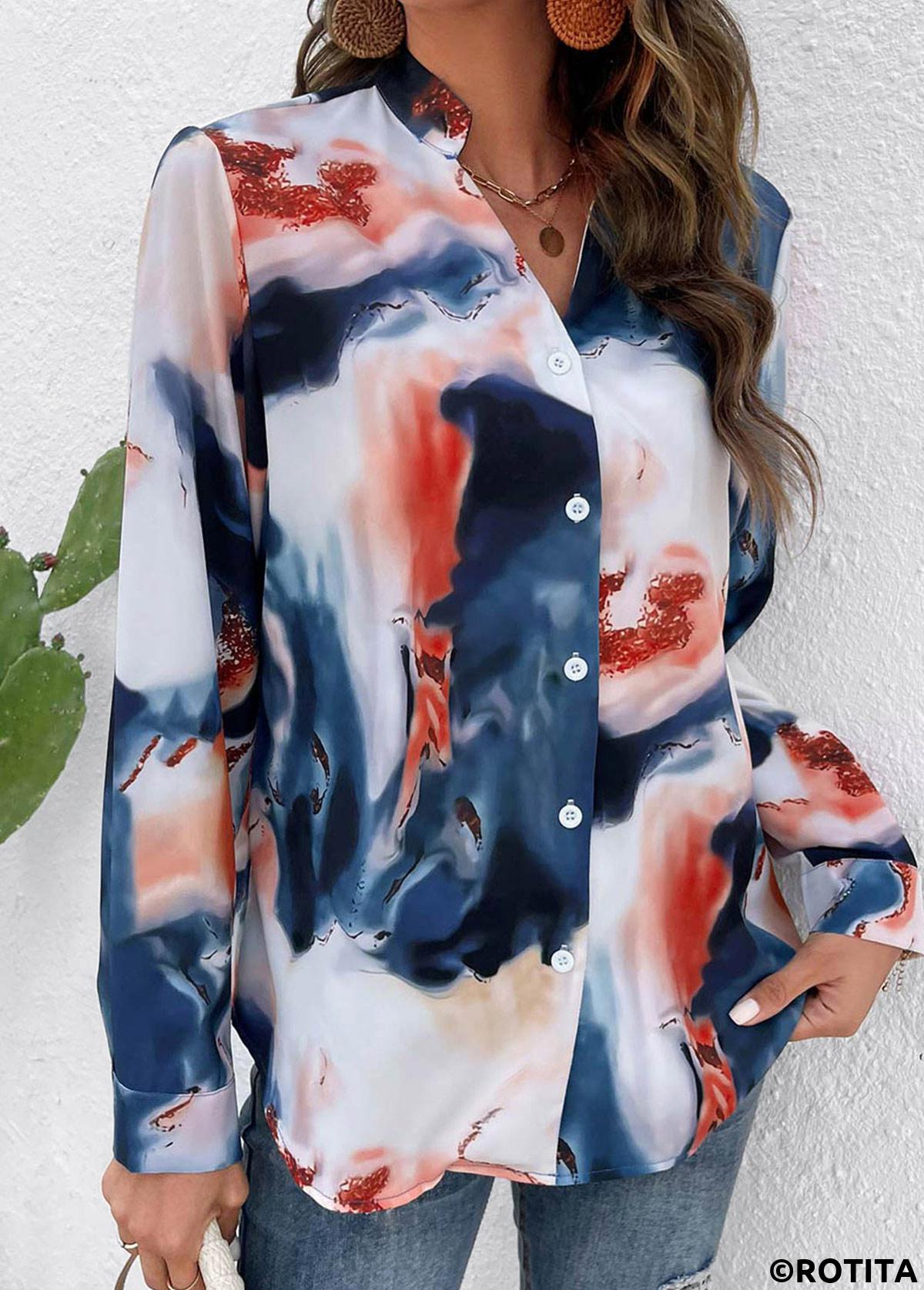 Multi Color tops,Rainbow Color tops,Graphic tops,Button Ink Painting Print Multi Color Blouse