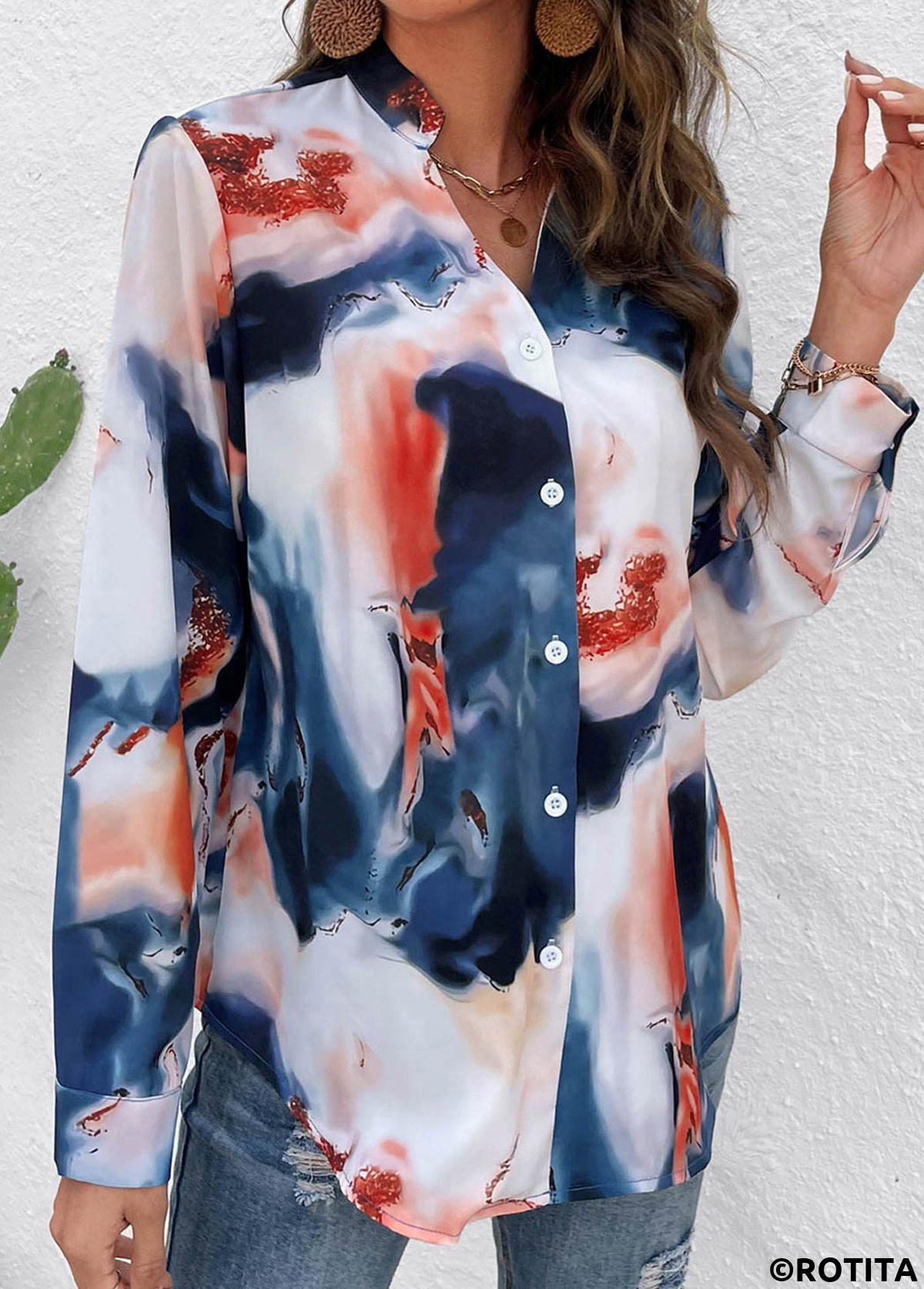 Multi Color tops,Rainbow Color tops,Graphic tops,Button Ink Painting Print Multi Color Blouse
