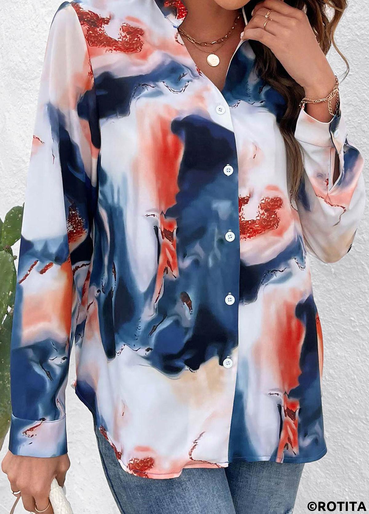 Multi Color tops,Rainbow Color tops,Graphic tops,Button Ink Painting Print Multi Color Blouse