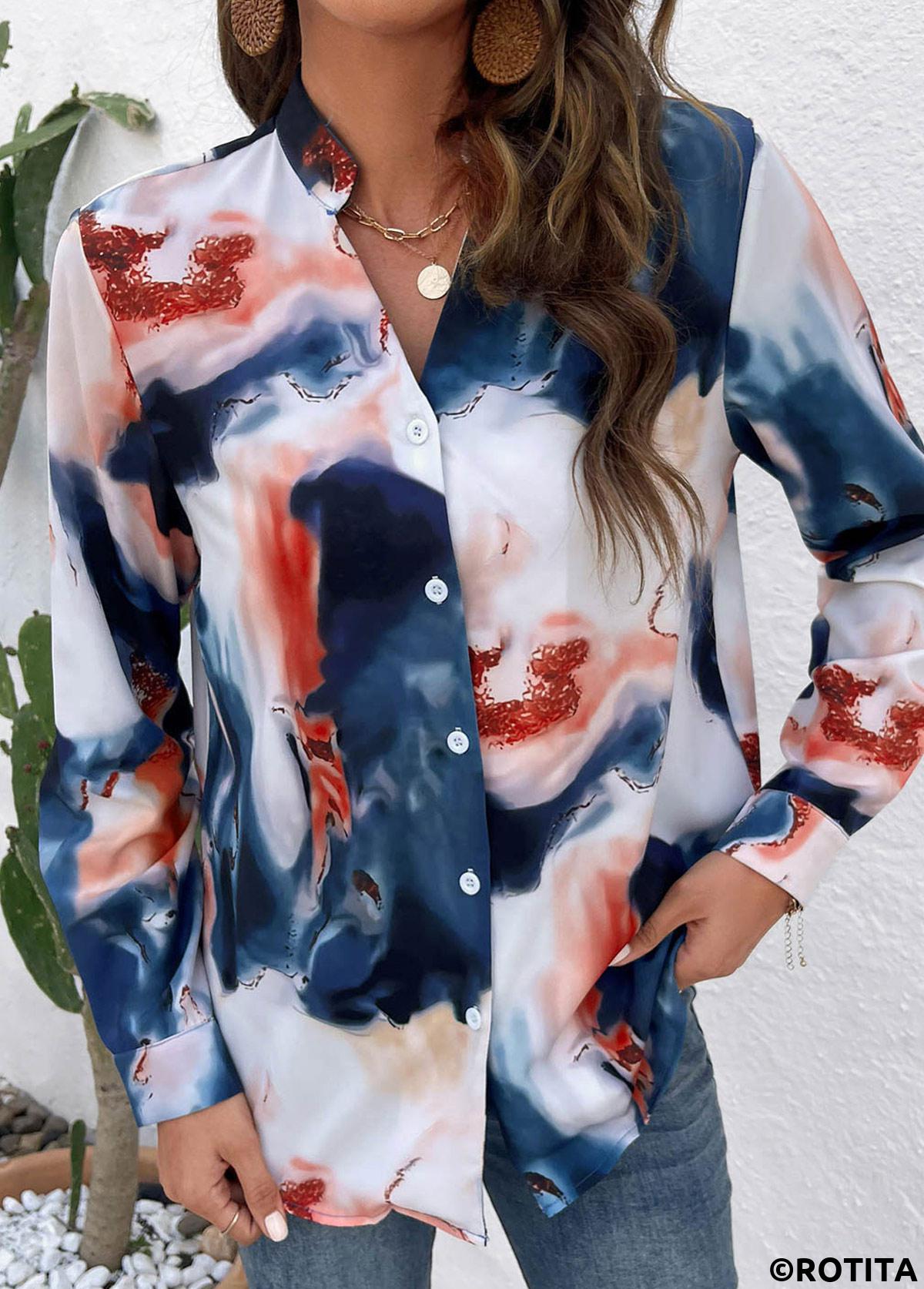 Multi Color tops,Rainbow Color tops,Graphic tops,Button Ink Painting Print Multi Color Blouse
