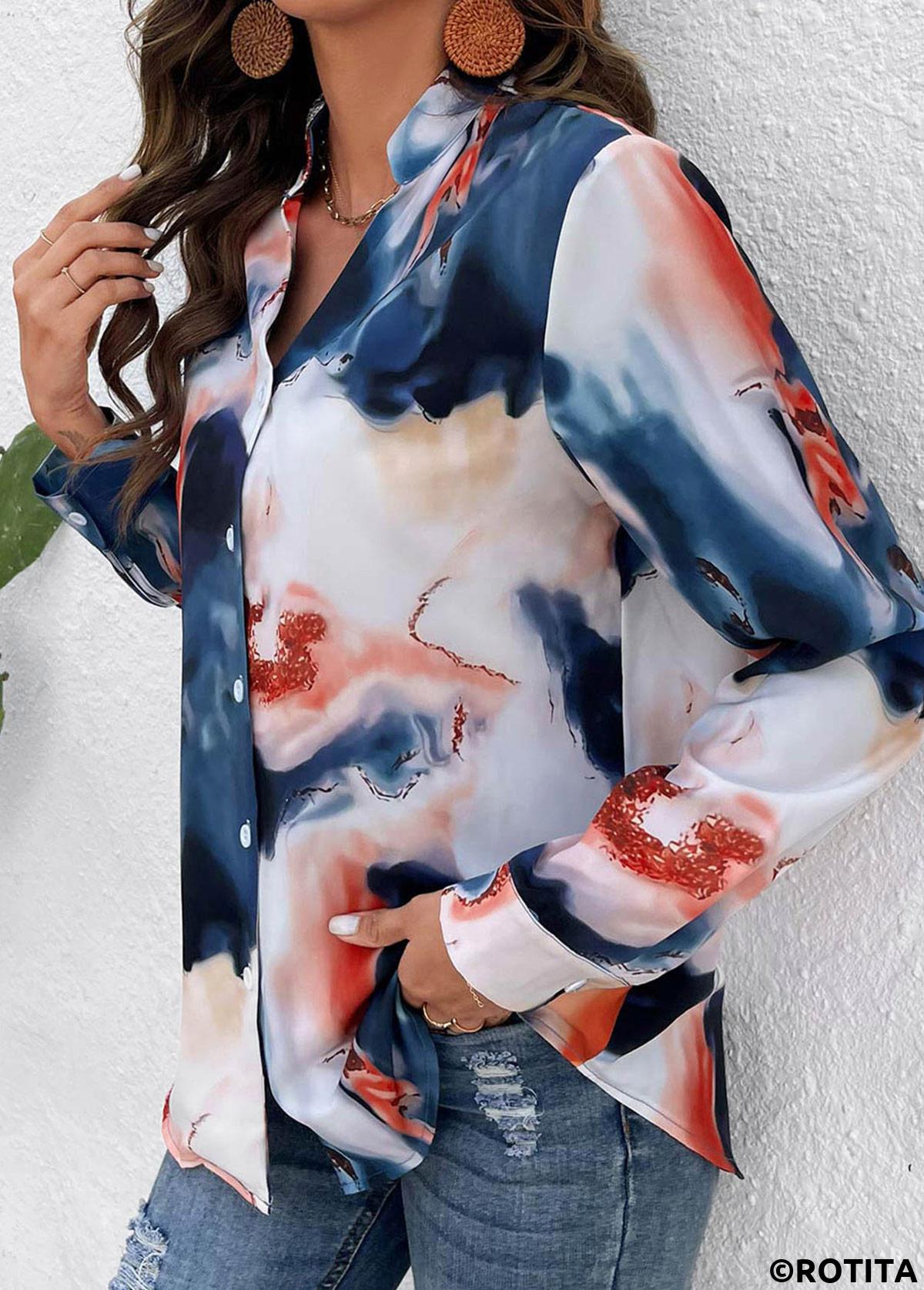 Multi Color tops,Rainbow Color tops,Graphic tops,Button Ink Painting Print Multi Color Blouse