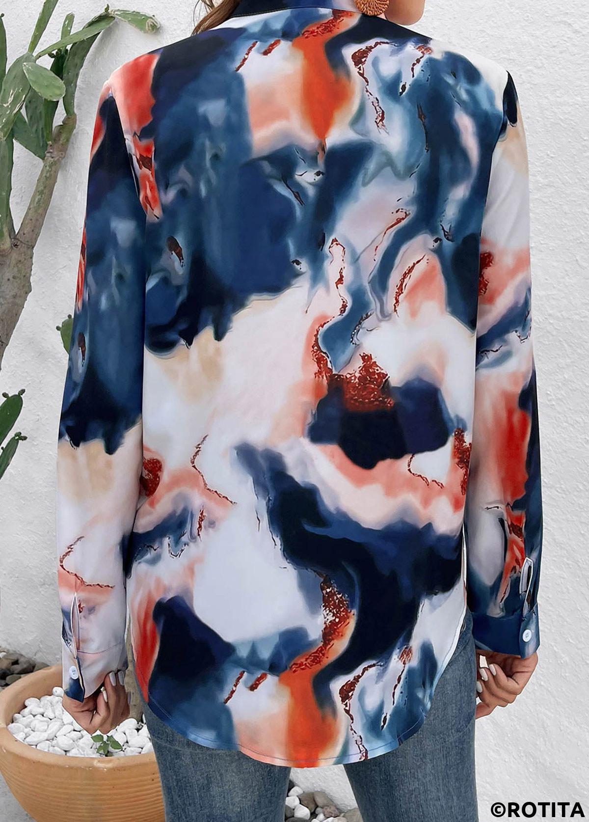 Multi Color tops,Rainbow Color tops,Graphic tops,Button Ink Painting Print Multi Color Blouse
