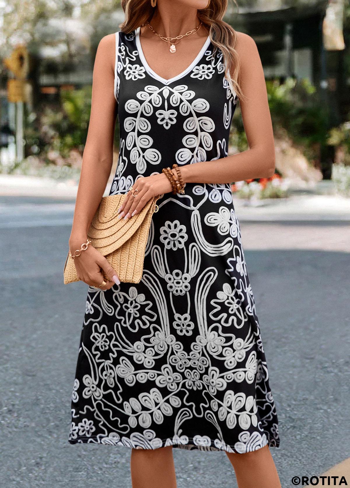 Black dresses,White dresses,Plants dresses,Floral dresses,Everyday dresses,Casual dresses,Contrast Binding Leaf Print Black H Shape Dress