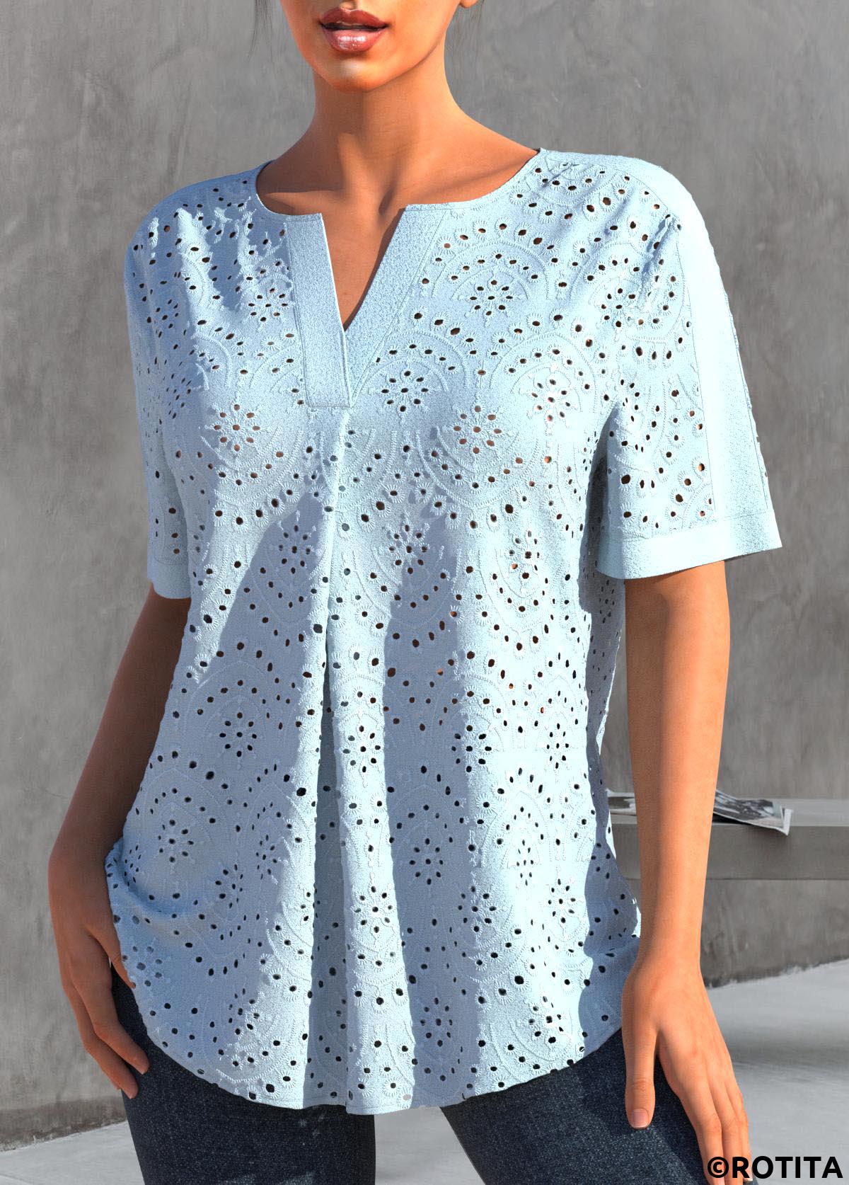 Light Blue tops,Plain Color tops,ROTITA Split Light Blue Short Sleeve Blouse