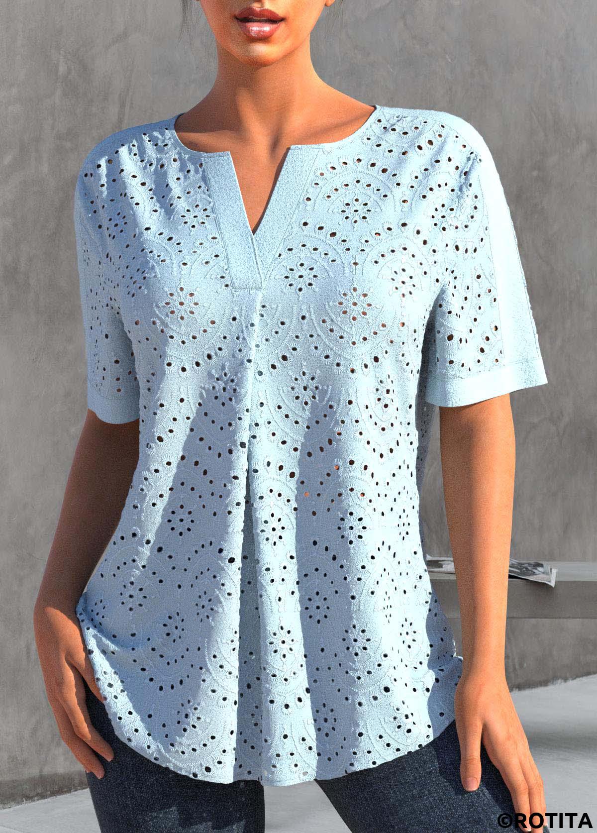 Light Blue tops,Plain Color tops,ROTITA Split Light Blue Short Sleeve Blouse