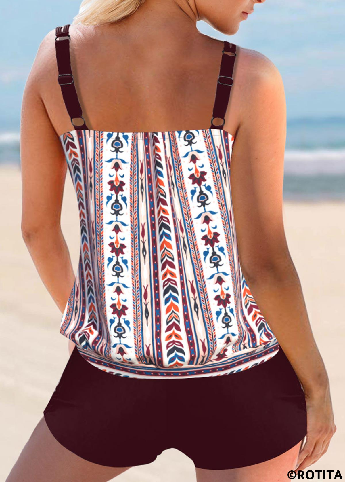 Dark Reddish Purple swimwear,White swimwear,Tribal swimwear,ROTITA Dark Reddish Purple Tribal Print Tankini Top