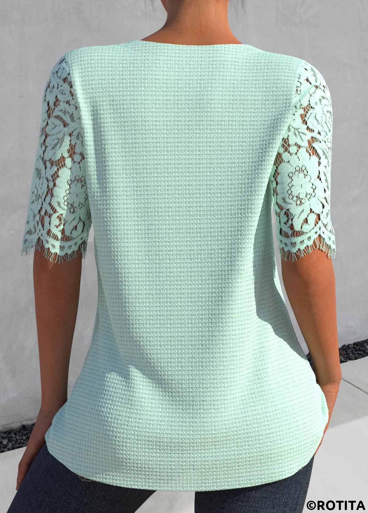 Light Green tops,Plain Color tops,ROTITA Patchwork Light Green Split Neck Half Sleeve Blouse