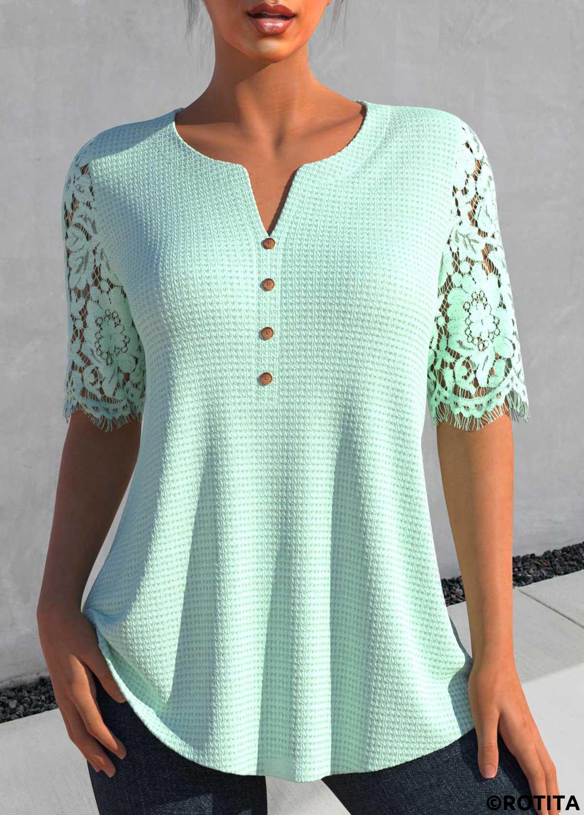 Light Green tops,Plain Color tops,ROTITA Patchwork Light Green Split Neck Half Sleeve Blouse