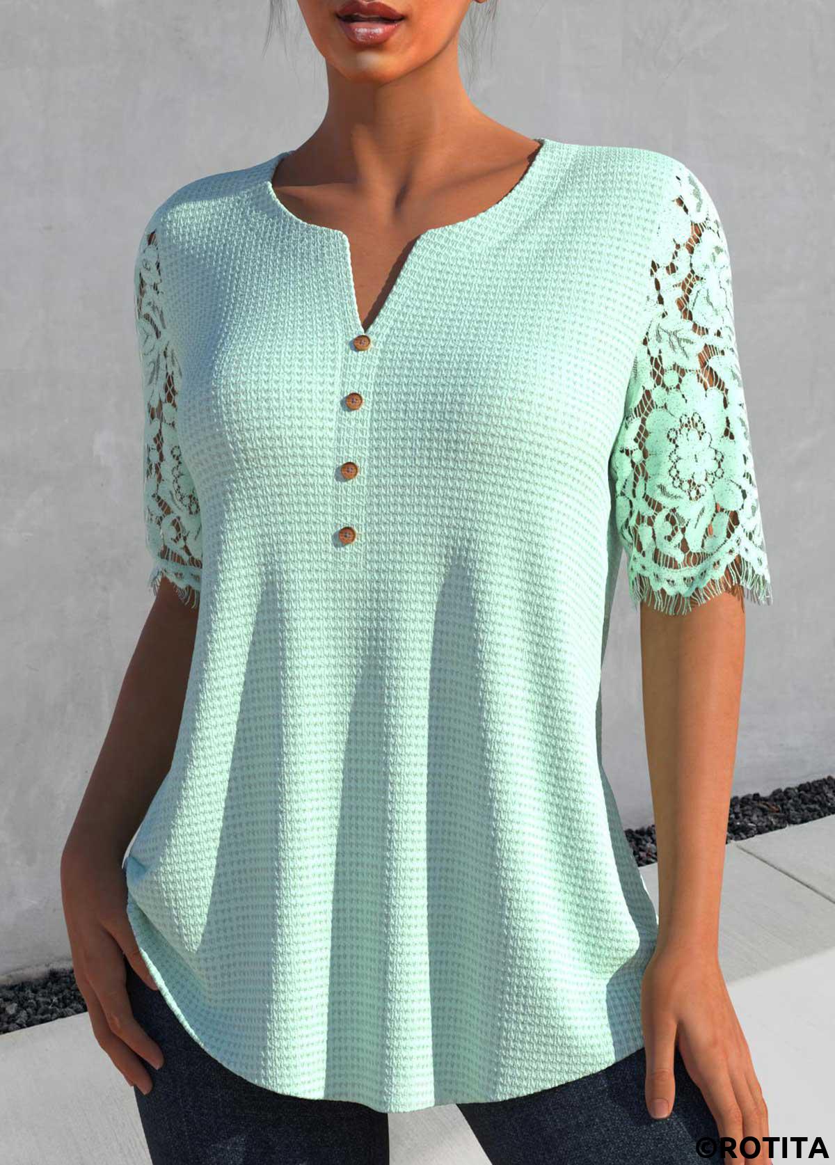 Light Green tops,Plain Color tops,ROTITA Patchwork Light Green Split Neck Half Sleeve Blouse