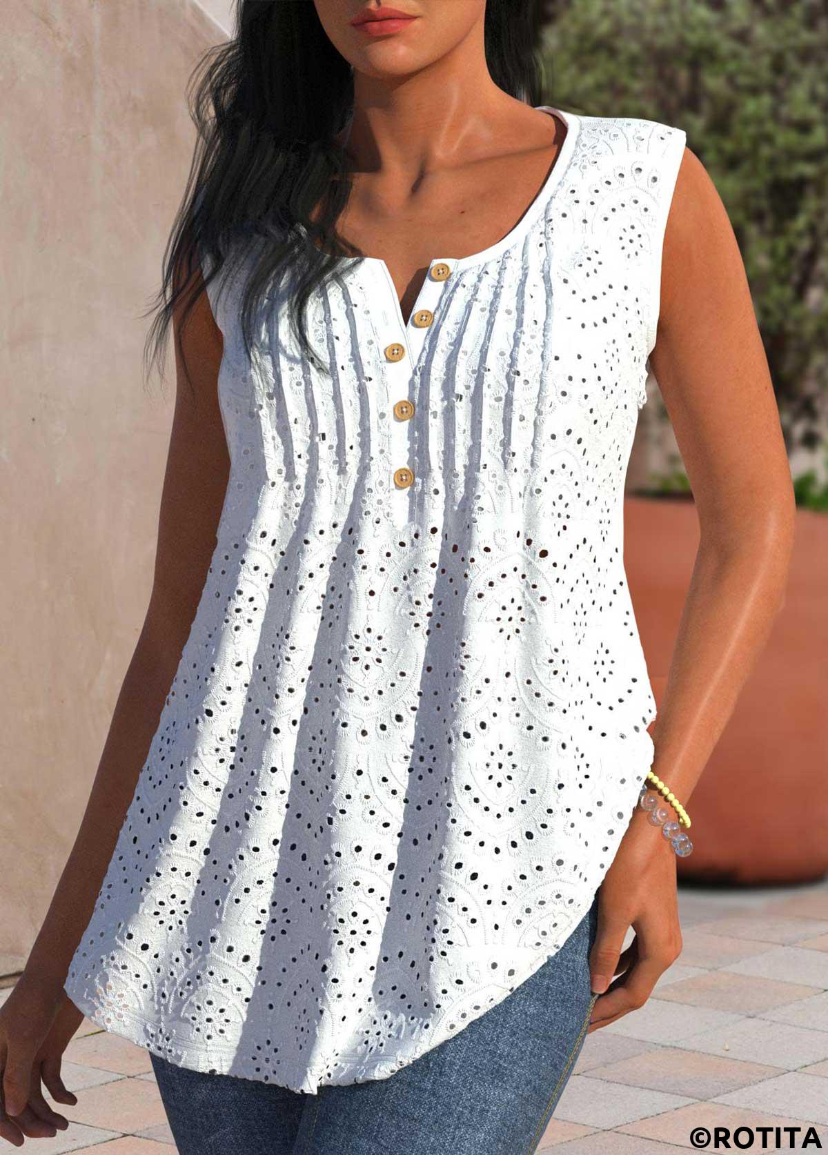 White tops,Plain Color tops,ROTITA Tuck Stitch White Split Neck Tank Top
