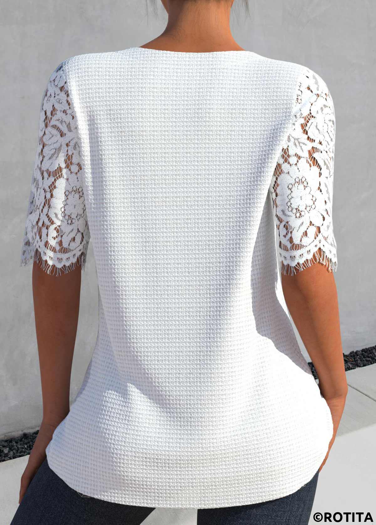 White tops,Plain Color tops,ROTITA Patchwork White Split Neck Half Sleeve Blouse