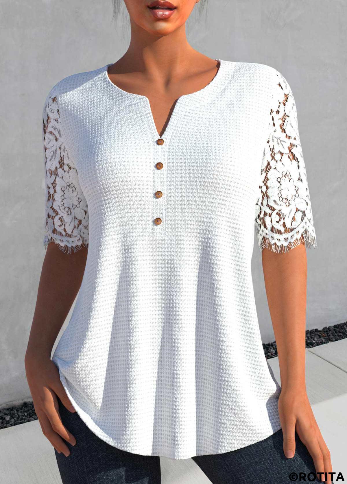 White tops,Plain Color tops,ROTITA Patchwork White Split Neck Half Sleeve Blouse