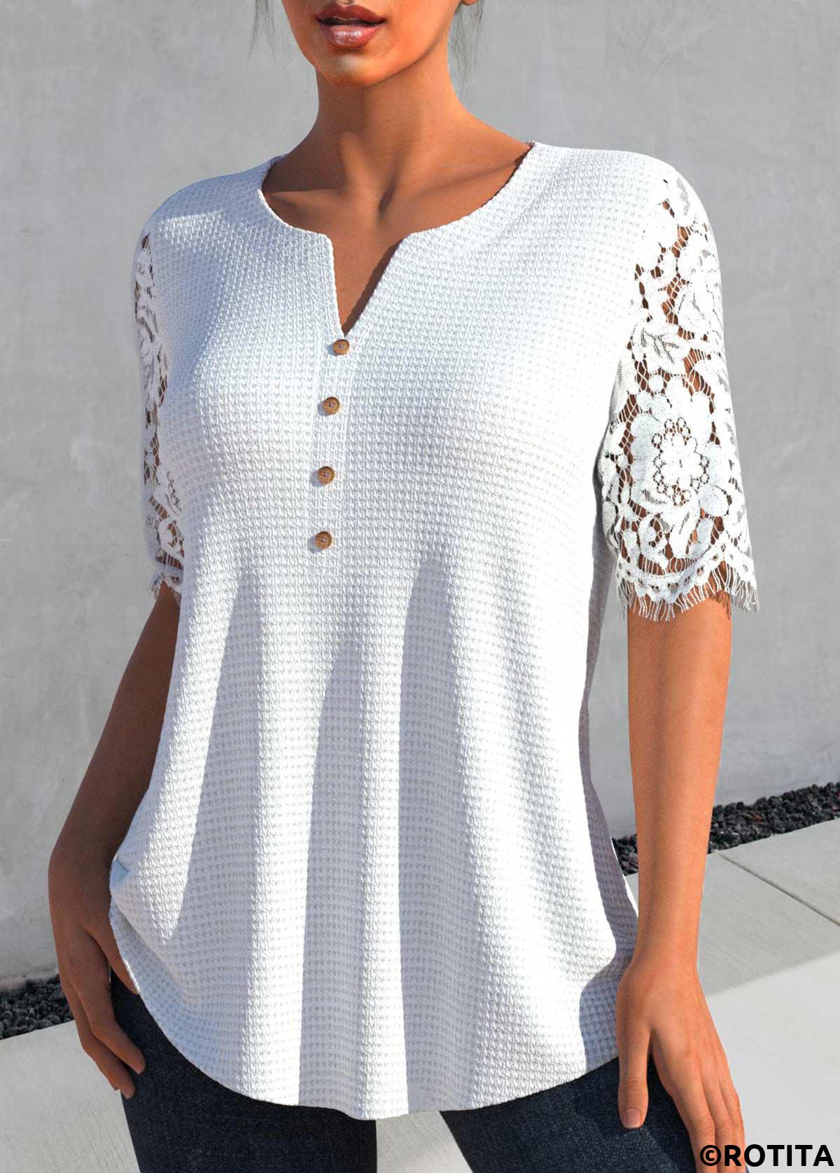 White tops,Plain Color tops,ROTITA Patchwork White Split Neck Half Sleeve Blouse