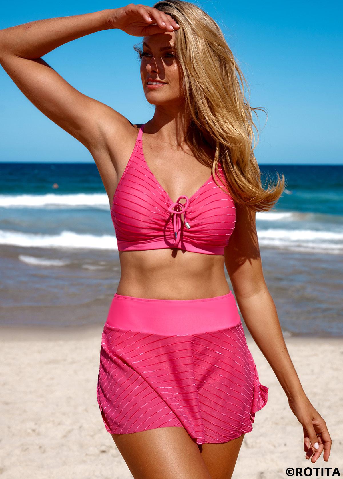 Pink swimwear,Plain Color swimwear,ROTITA Drawstring Metal Ring Pink Bikini Top