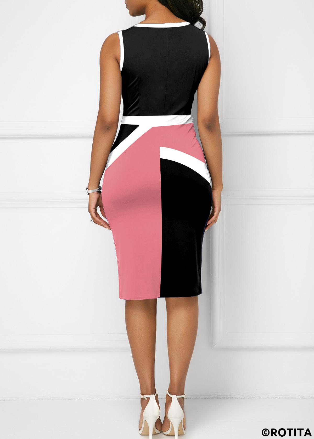 Pink dresses,Black dresses,Geometric dresses,Party dresses,Elegant dresses,ROTITA Split Geometric Print Pink Round Neck Bodycon Dress