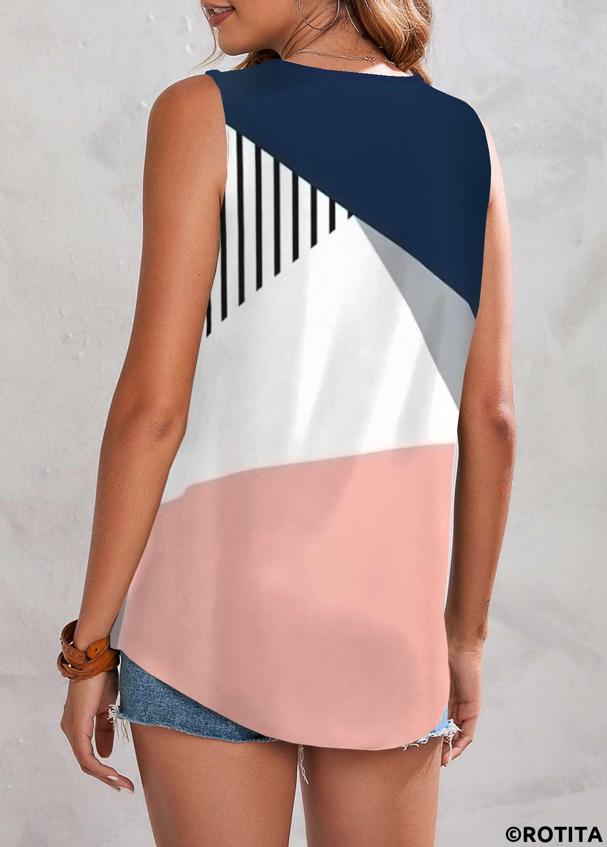 Multi Color tops,Striped tops,Geometric tops,Contrast Color tops,ROTITA Button Multi Color V Neck Tank Top