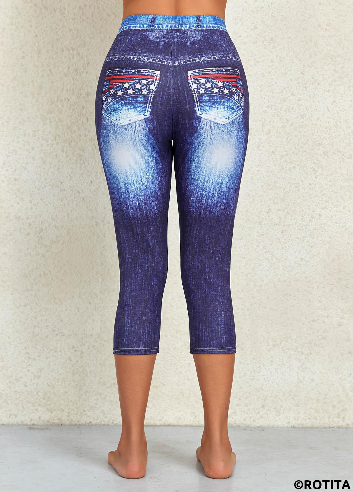 Denim Blue bottoms,Flag bottoms,Ombre bottoms,Flag Print Denim Blue Mid Waisted Leggings
