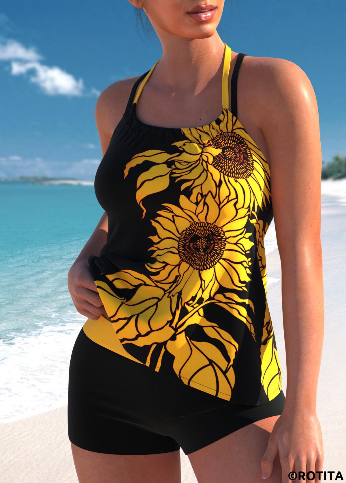 Yellow swimwear,Black swimwear,Plants swimwear,Floral swimwear,ROTITA Yellow Sunflower Print Criss Cross Tankini Top