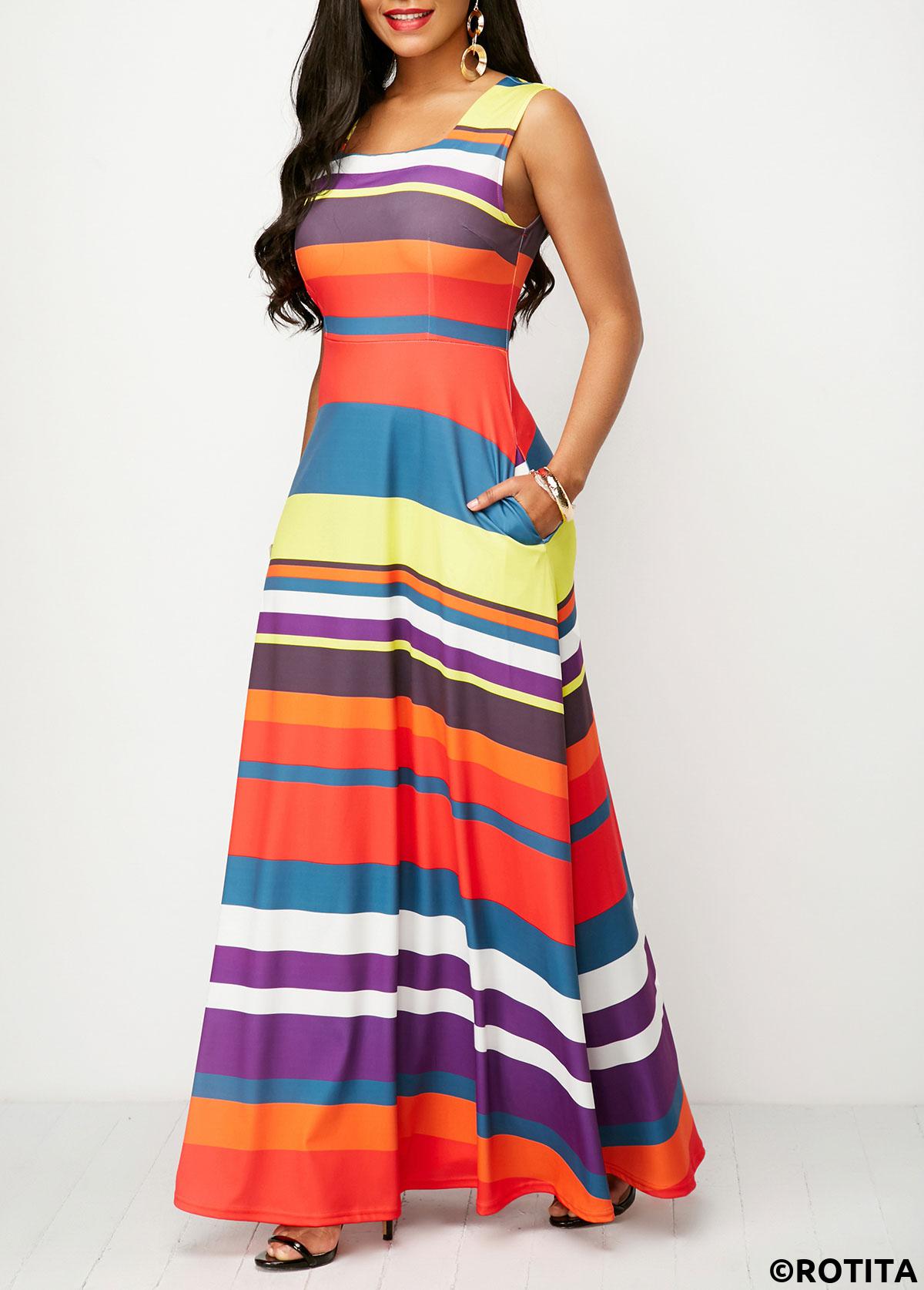 Multi Color dresses,Rainbow Color dresses,Striped dresses,Geometric dresses,Vacation dresses,Vacation dresses,ROTITA Pocket Striped Multi Color Square Neck Maxi Dress
