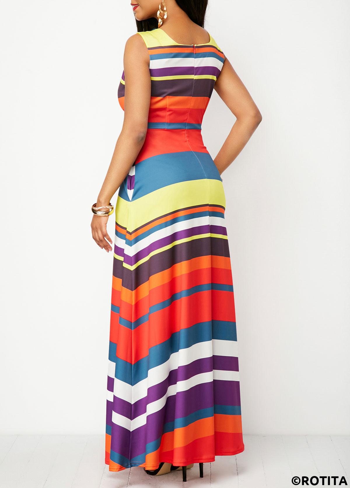 Multi Color dresses,Rainbow Color dresses,Striped dresses,Geometric dresses,Vacation dresses,Vacation dresses,ROTITA Pocket Striped Multi Color Square Neck Maxi Dress