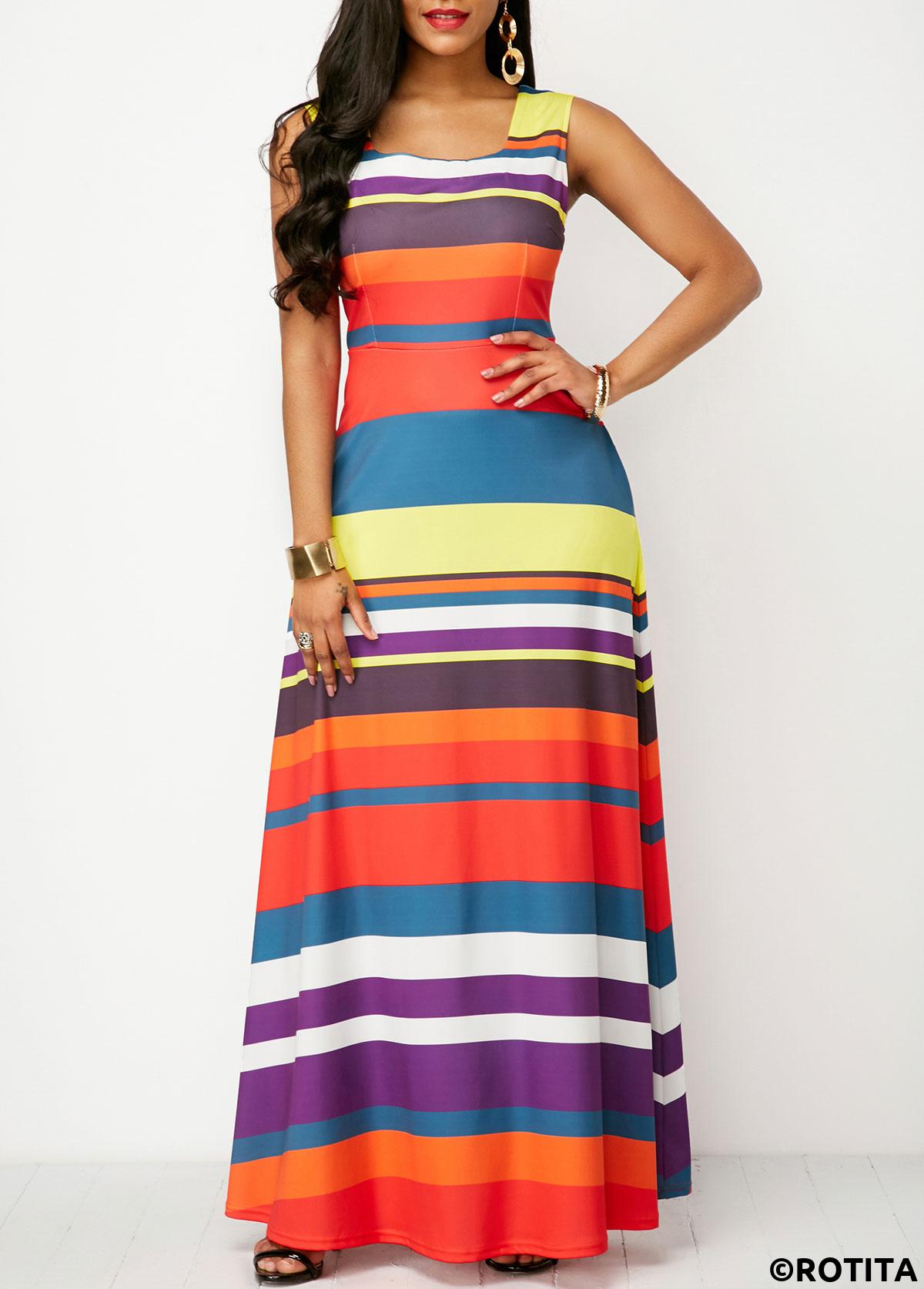 Multi Color dresses,Rainbow Color dresses,Striped dresses,Geometric dresses,Vacation dresses,Vacation dresses,ROTITA Pocket Striped Multi Color Square Neck Maxi Dress
