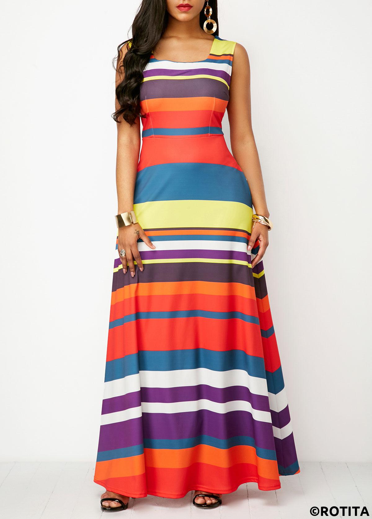 Multi Color dresses,Rainbow Color dresses,Striped dresses,Geometric dresses,Vacation dresses,Vacation dresses,ROTITA Pocket Striped Multi Color Square Neck Maxi Dress