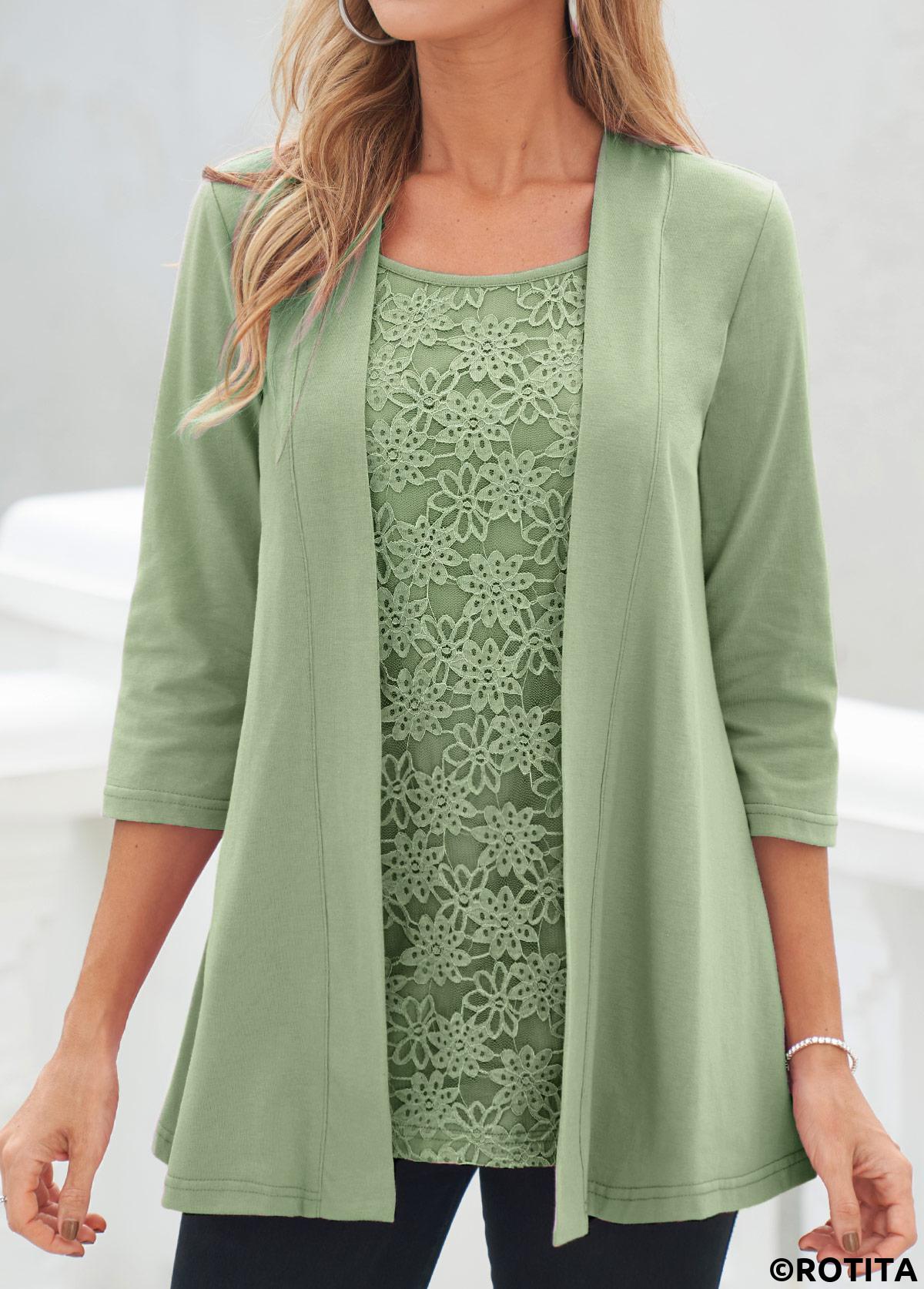 Sage Green tops,Plain Color tops,ROTITA Lace Sage Green Square Neck Cardigan and Tank Top