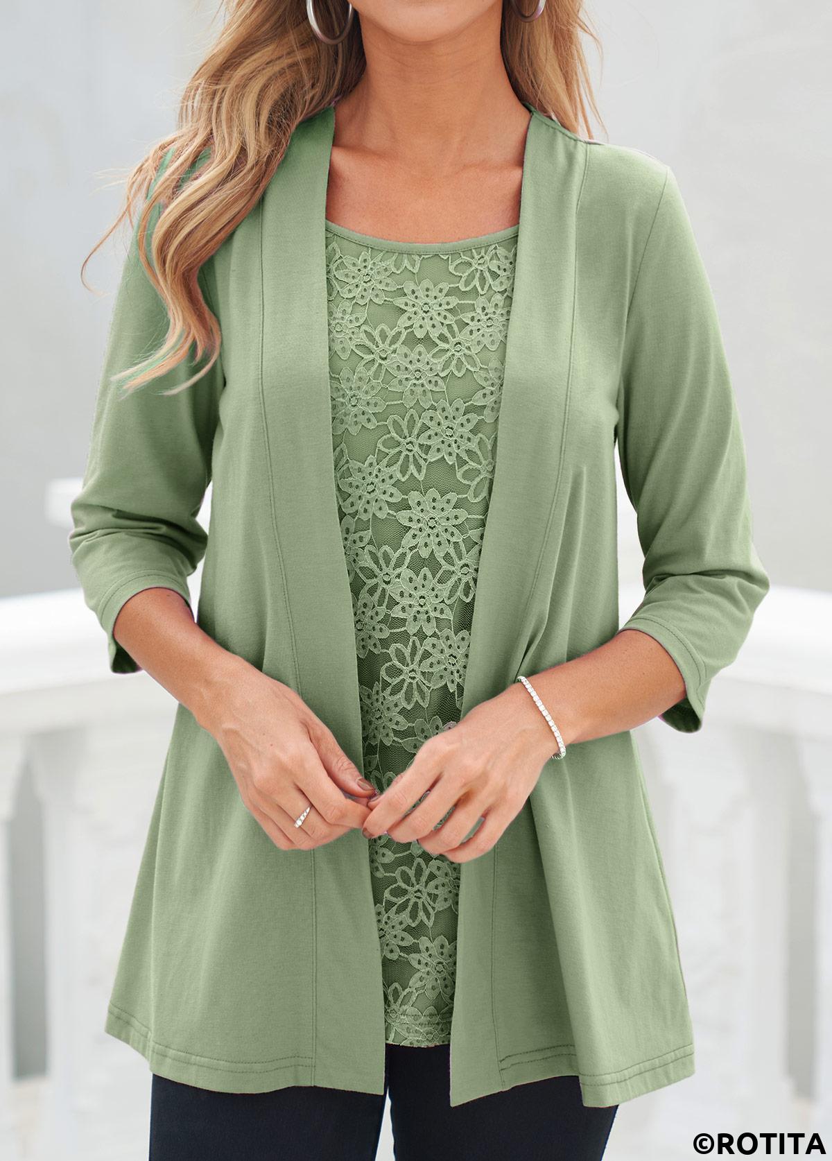 Sage Green tops,Plain Color tops,ROTITA Lace Sage Green Square Neck Cardigan and Tank Top