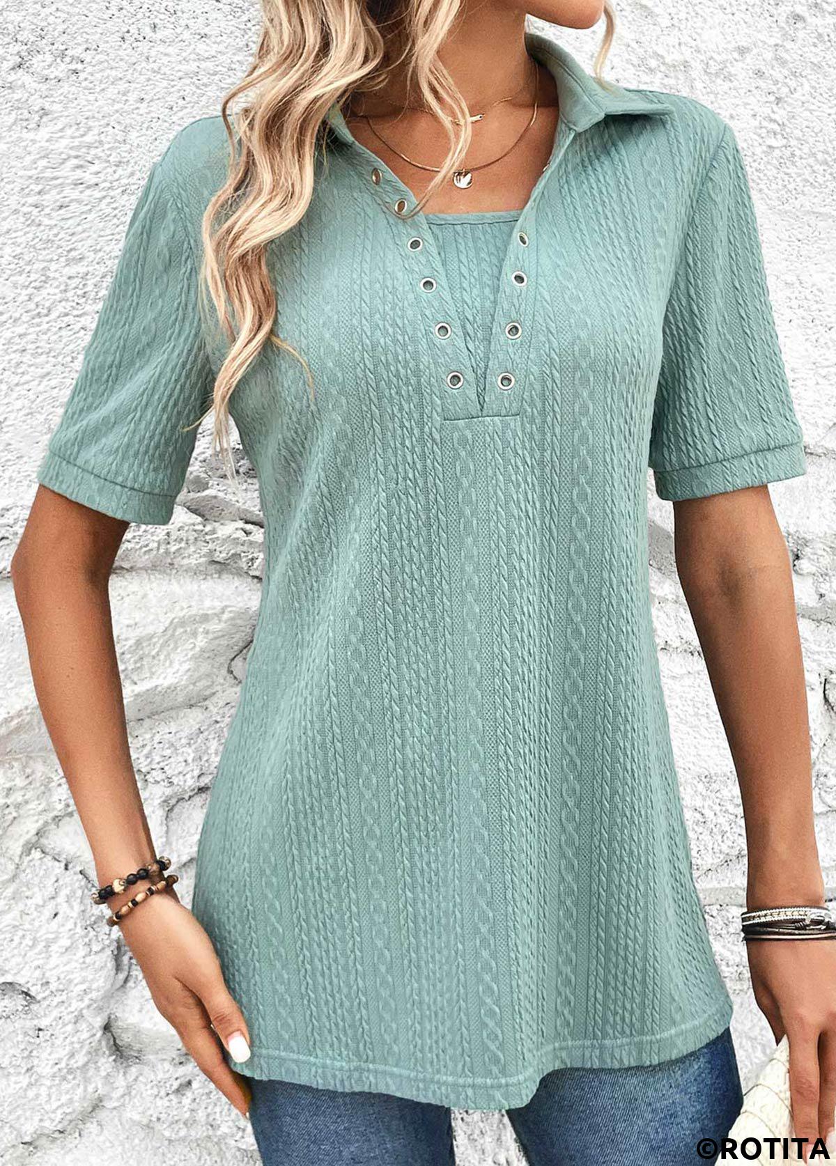 Mint Green tops,Plain Color tops,ROTITA Plus Size Eyelet Mint Green Shirt Collar Blouse