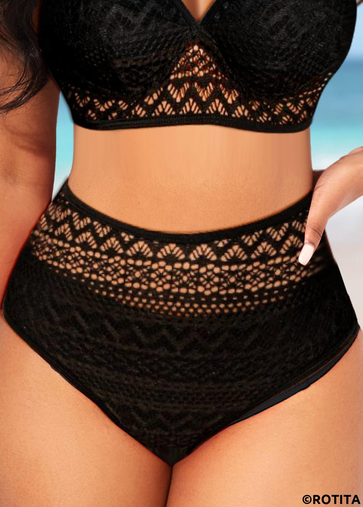 ROTITA Bas de bikini taille haute noir à coutures en dentelle