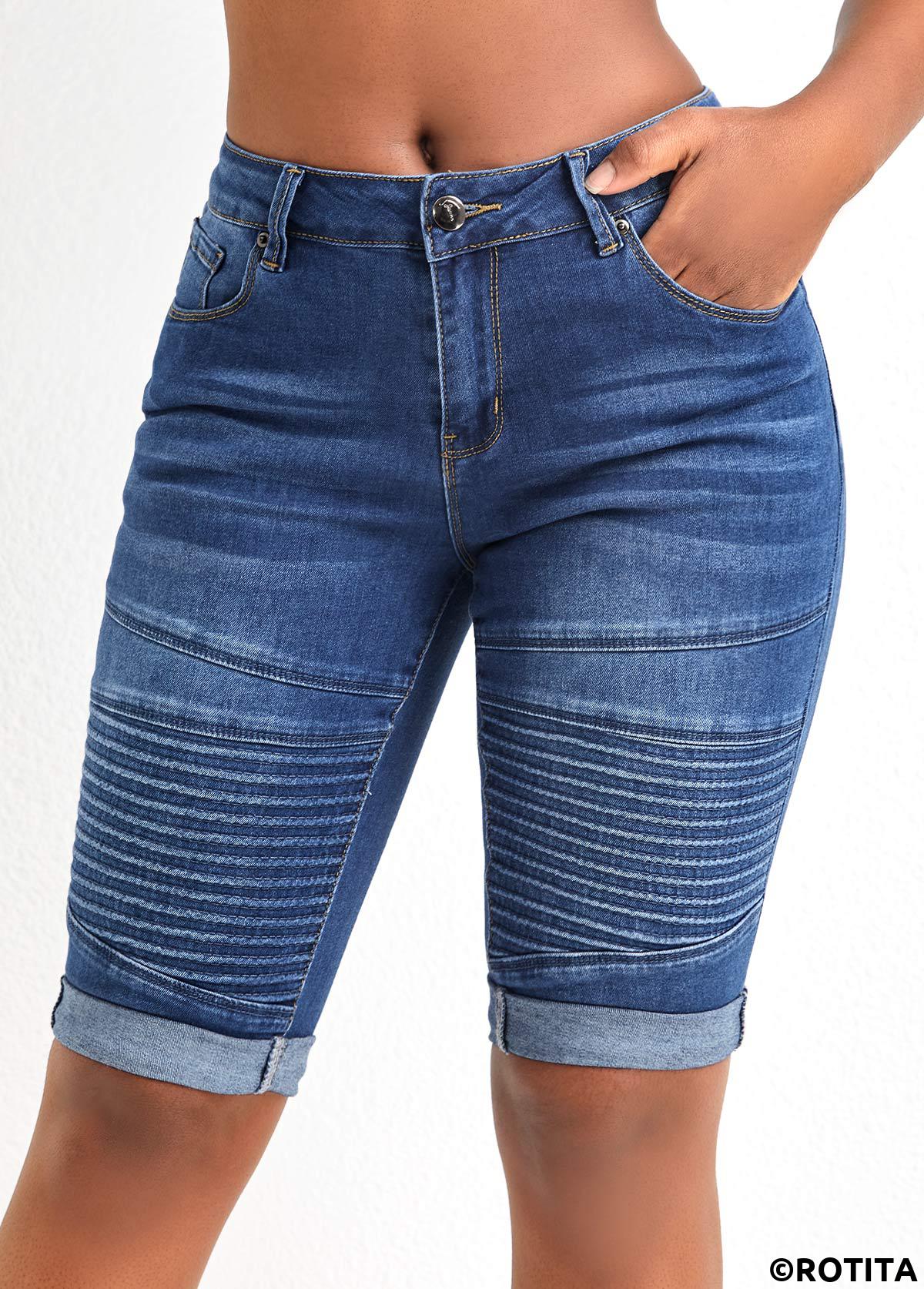 Dark Blue bottoms,Plain Color bottoms,Pocket Dark Blue Skinny Zipper Fly Shorts