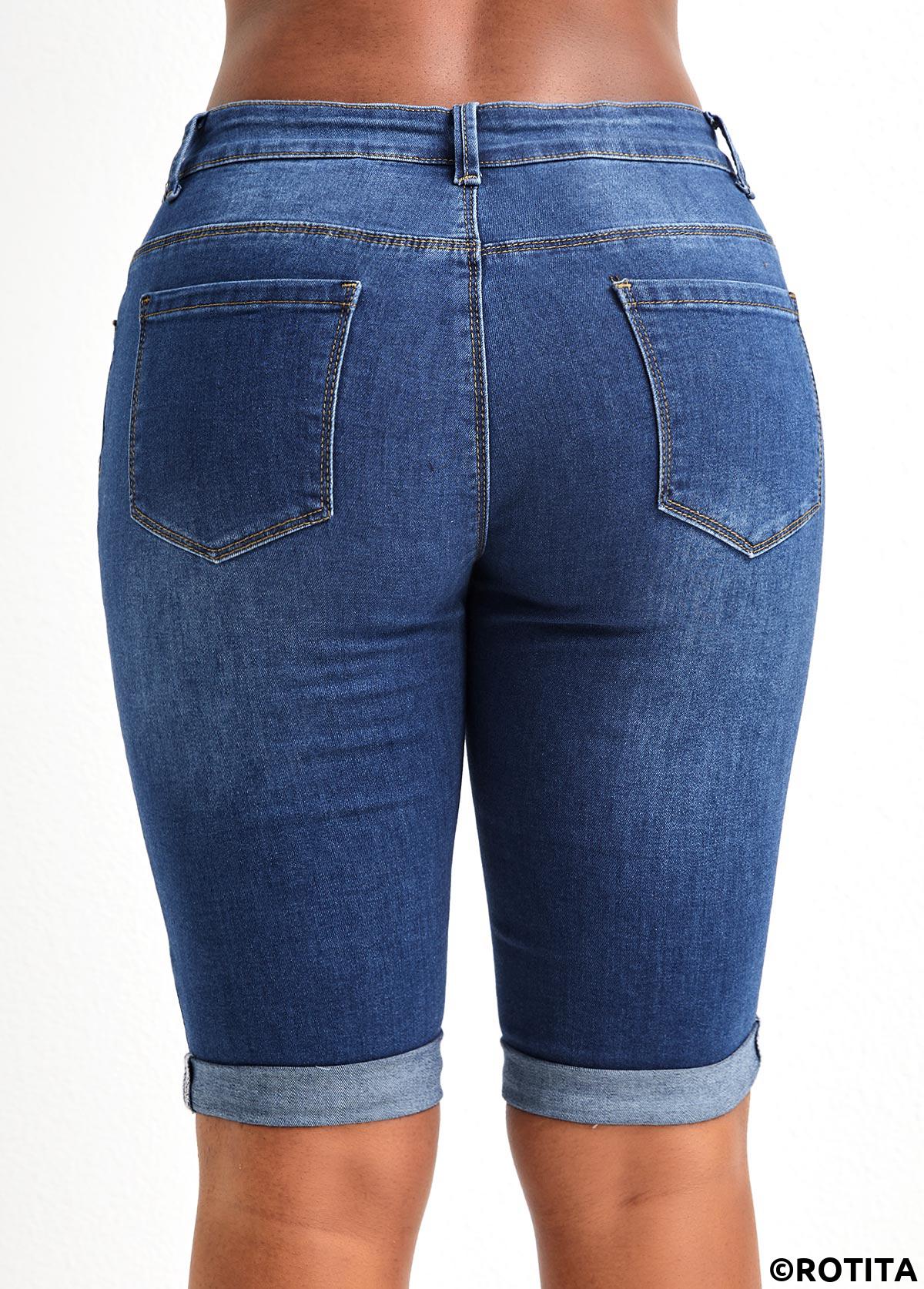 Dark Blue bottoms,Plain Color bottoms,Pocket Dark Blue Skinny Zipper Fly Shorts