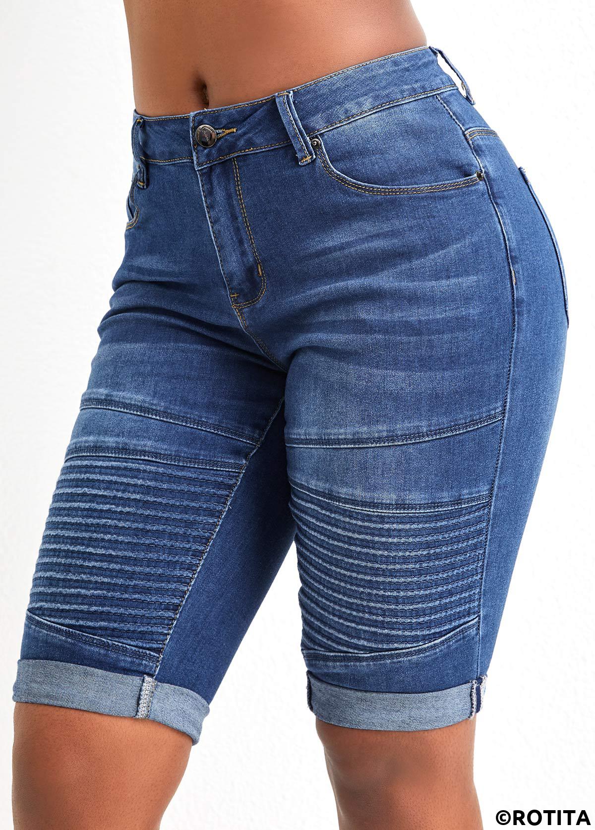 Dark Blue bottoms,Plain Color bottoms,Pocket Dark Blue Skinny Zipper Fly Shorts