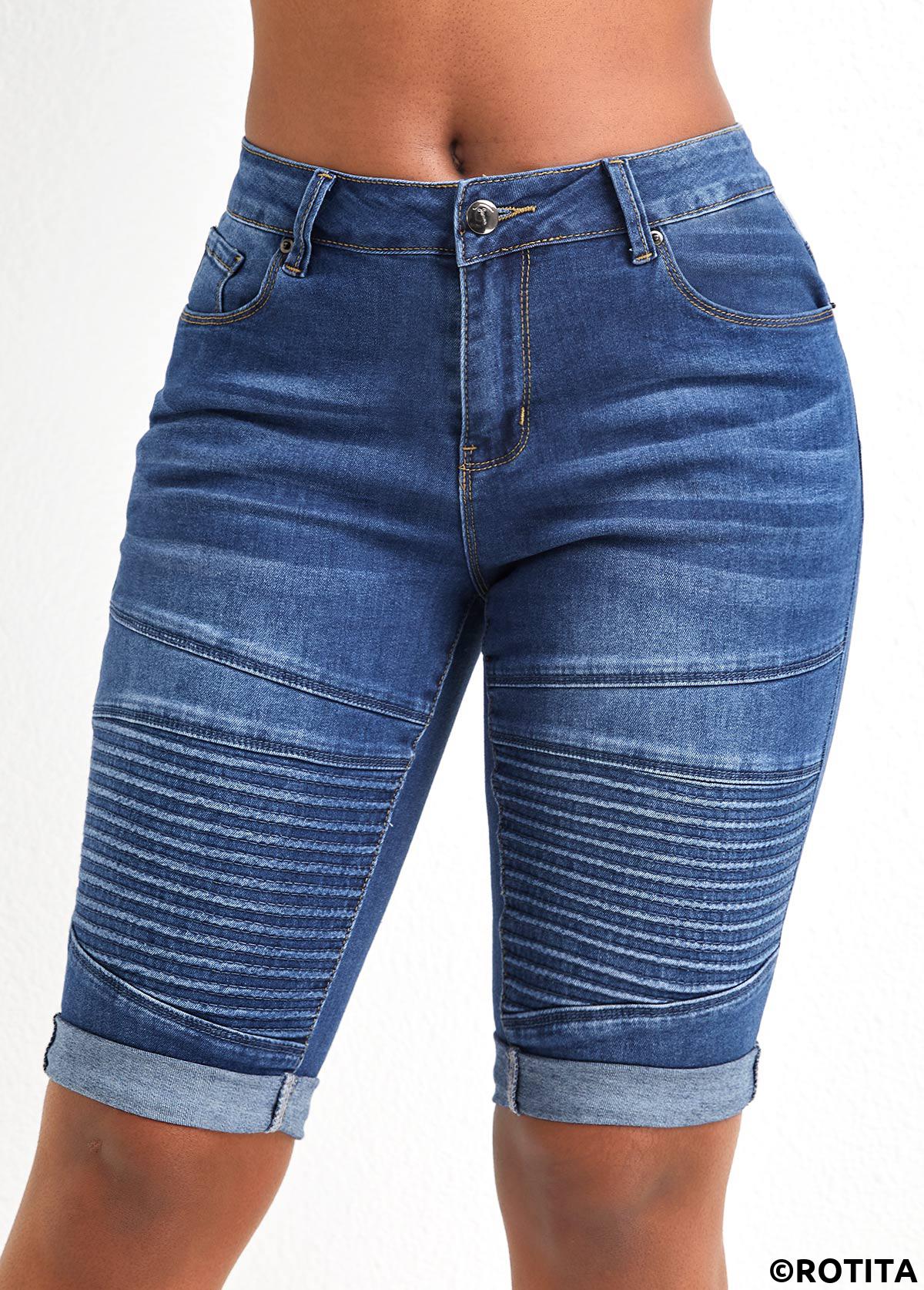 Dark Blue bottoms,Plain Color bottoms,Pocket Dark Blue Skinny Zipper Fly Shorts