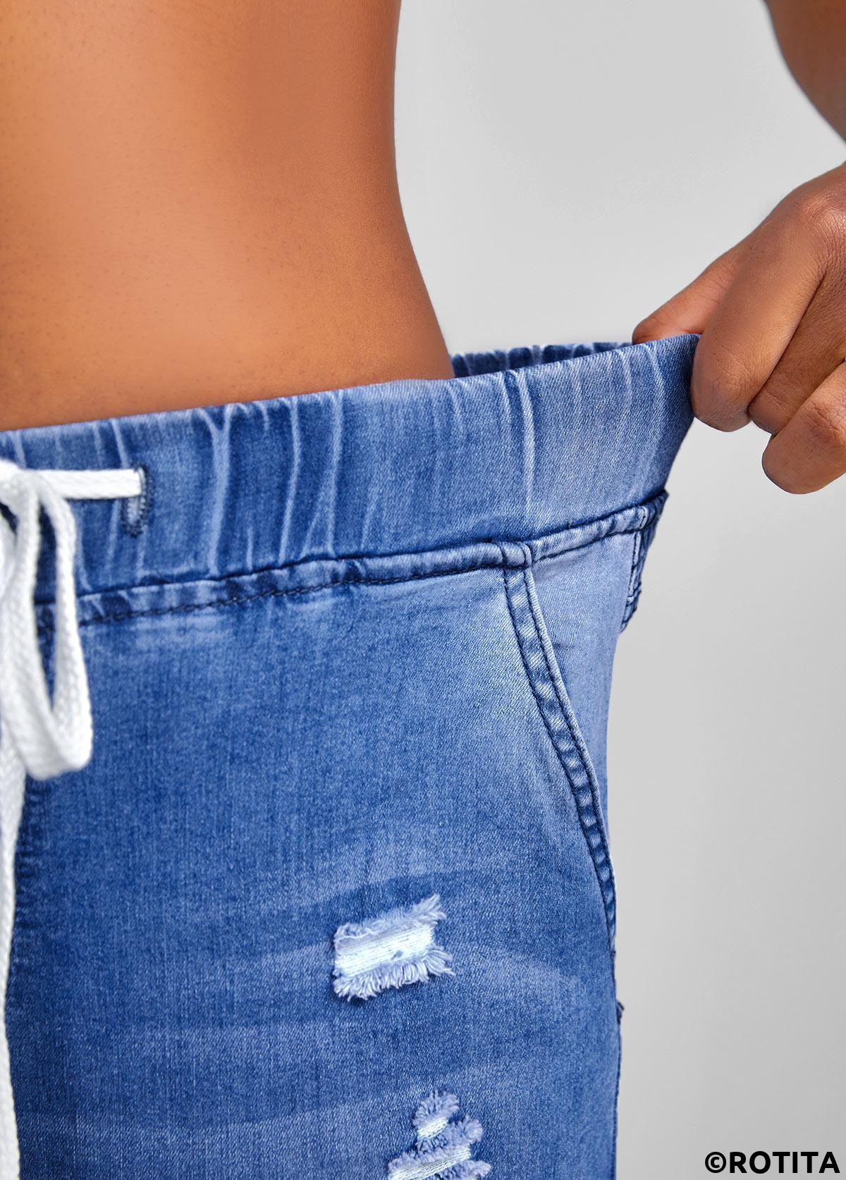 Blue bottoms,Plain Color bottoms,Hole Blue Skinny Elastic Waist Mid Waisted Denim Shorts
