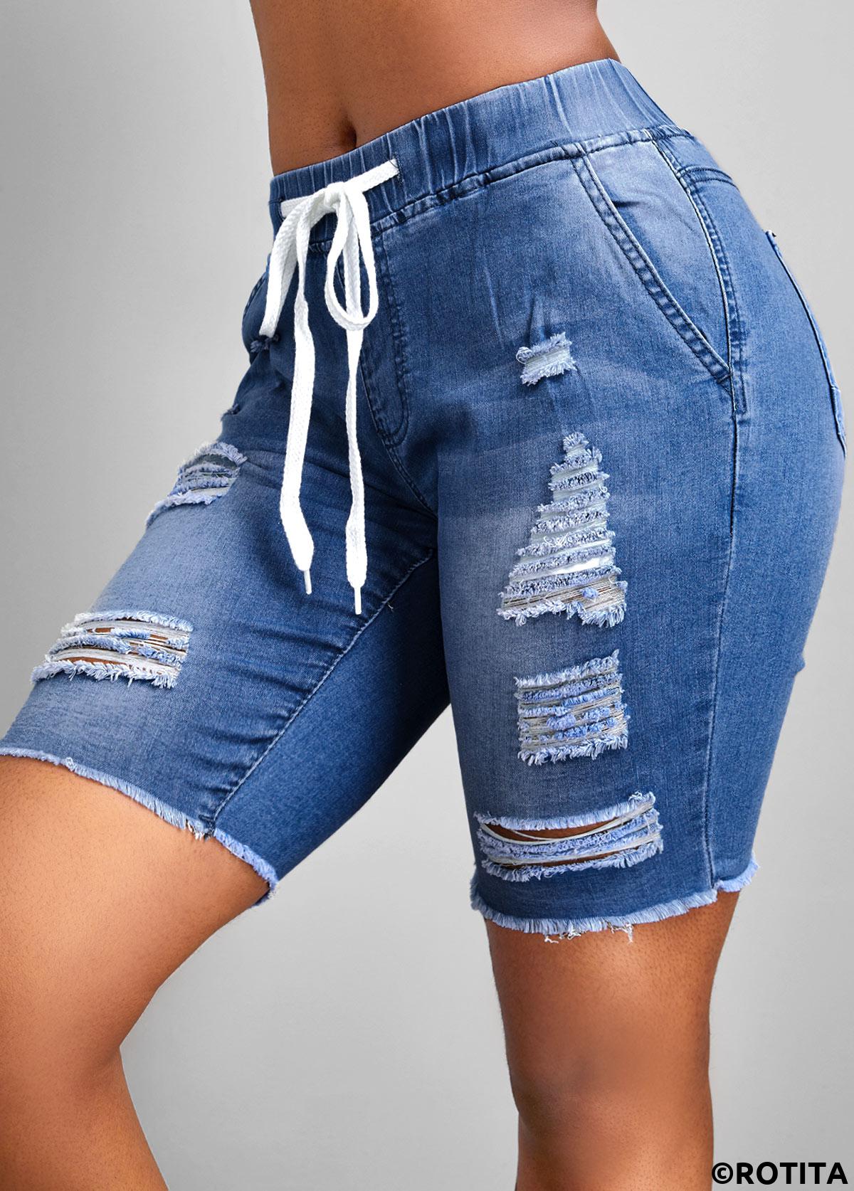 Blue bottoms,Plain Color bottoms,Hole Blue Skinny Elastic Waist Mid Waisted Denim Shorts