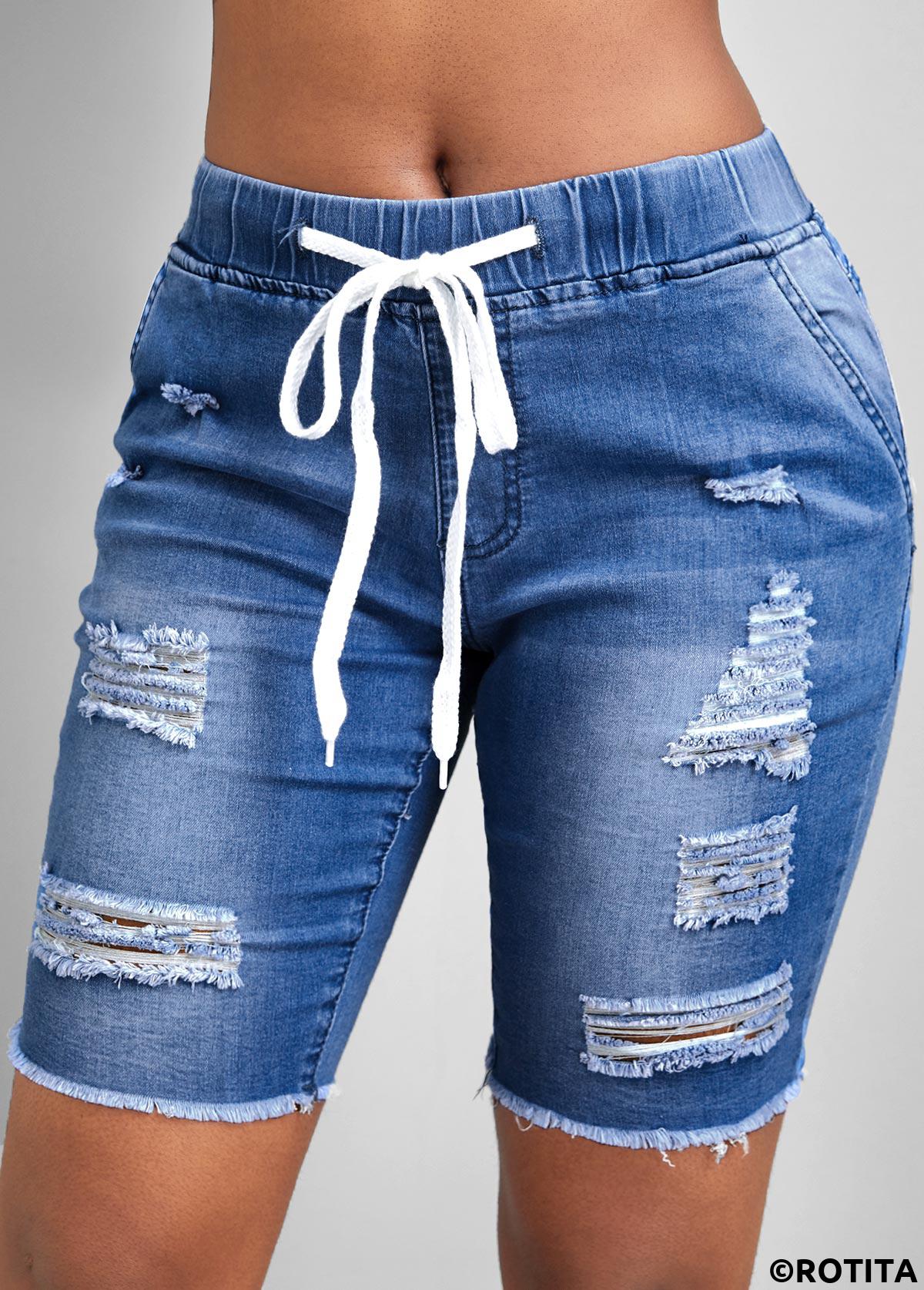 Blue bottoms,Plain Color bottoms,Hole Blue Skinny Elastic Waist Mid Waisted Denim Shorts