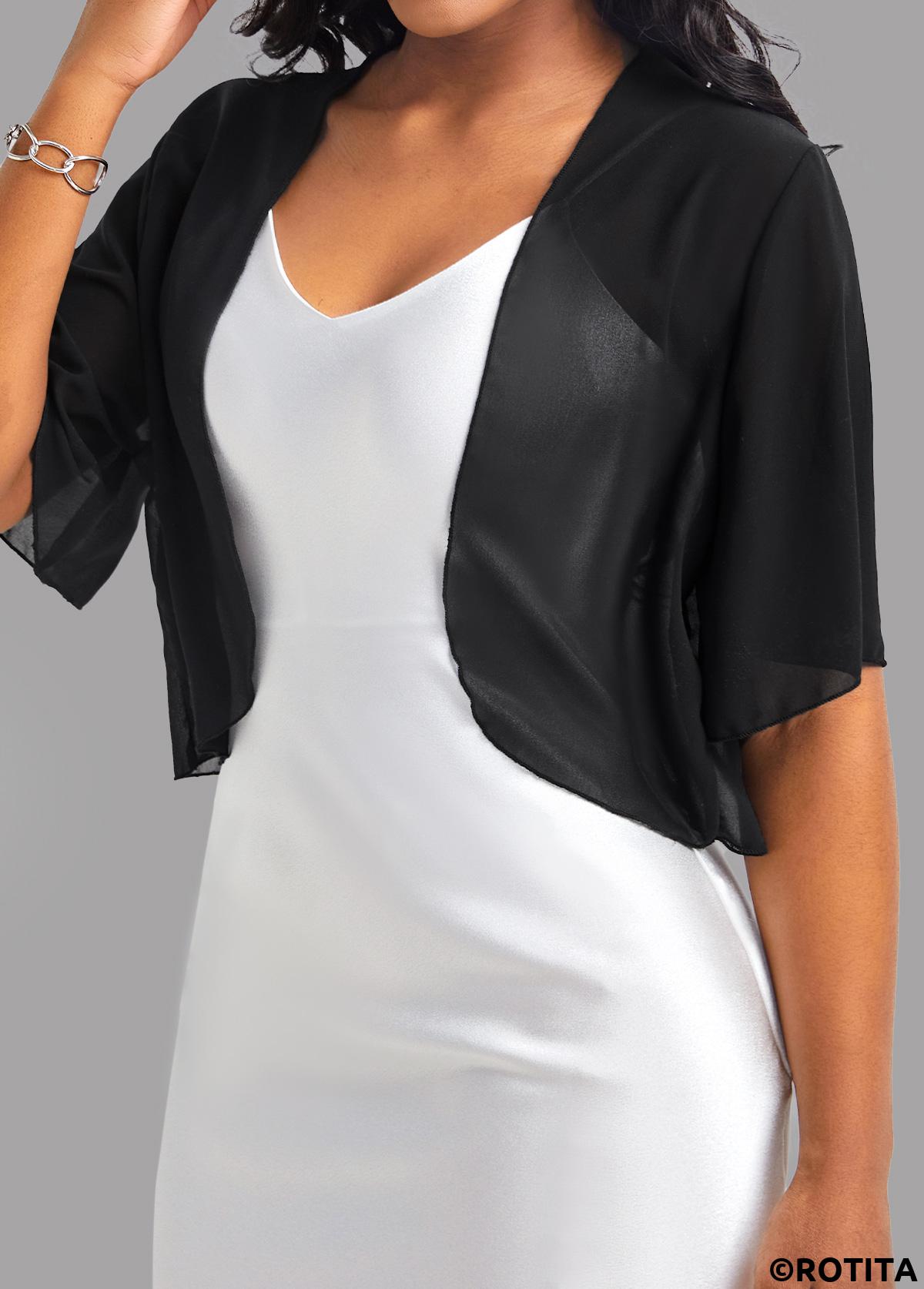 Black tops,Plain Color tops,Black Open Front Short Sleeve Coat