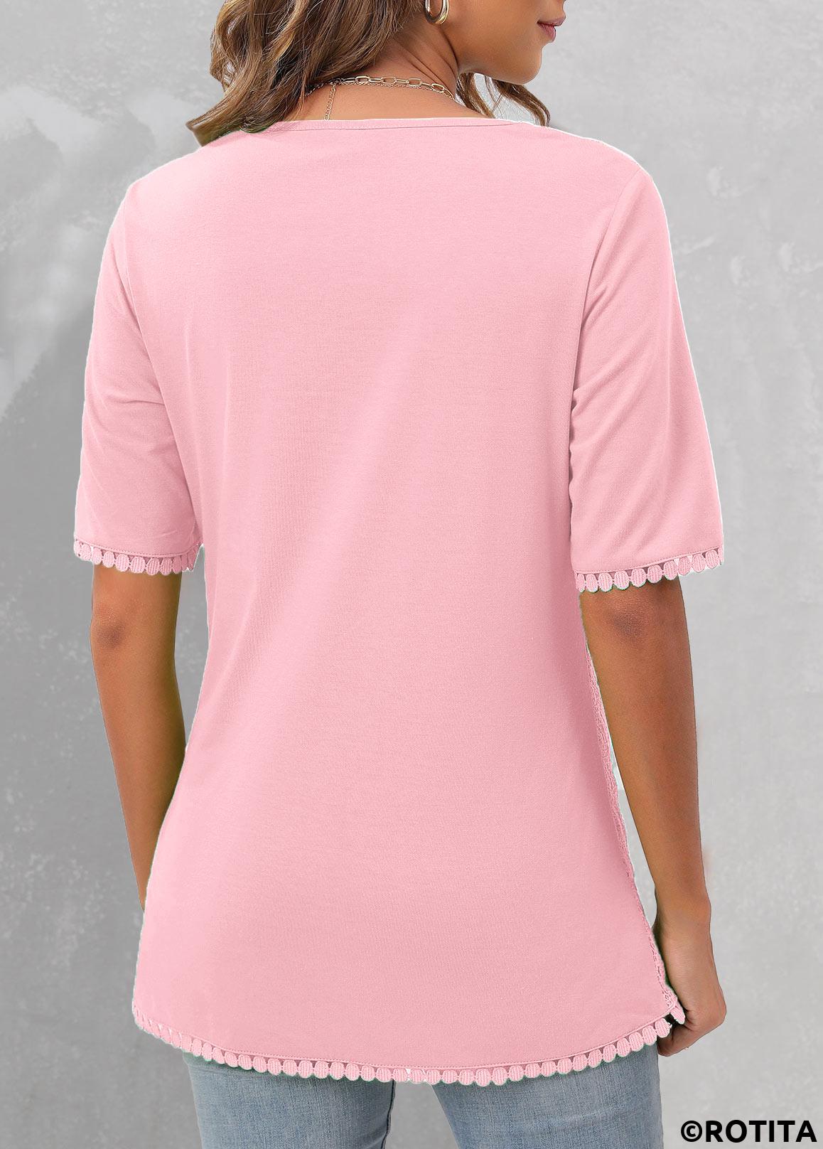 ROTITA Lace Pink V Neck Short Sleeve Blouse