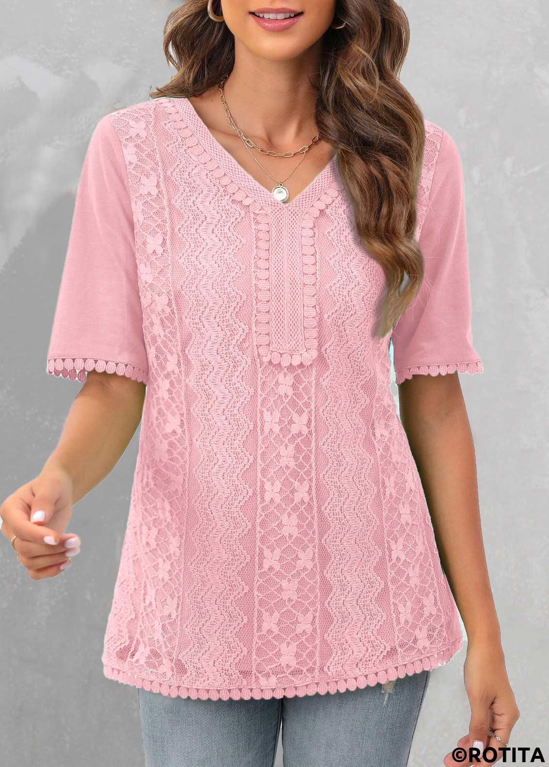 ROTITA Lace Pink V Neck Short Sleeve Blouse