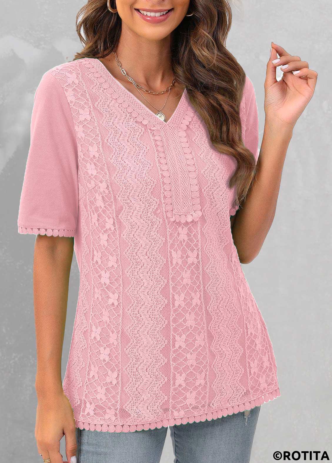 ROTITA Lace Pink V Neck Short Sleeve Blouse