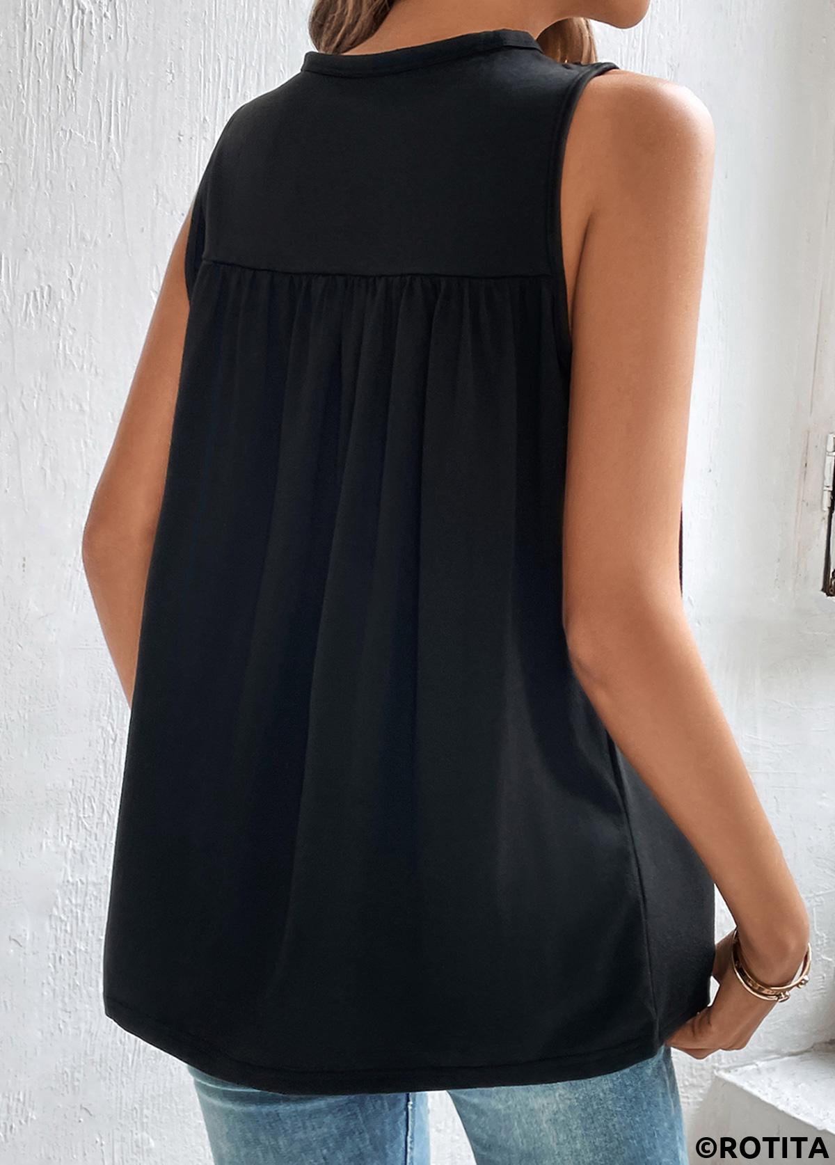 Black tops,Plain Color tops,Patchwork Black Round Neck Sleeveless Tank Top
