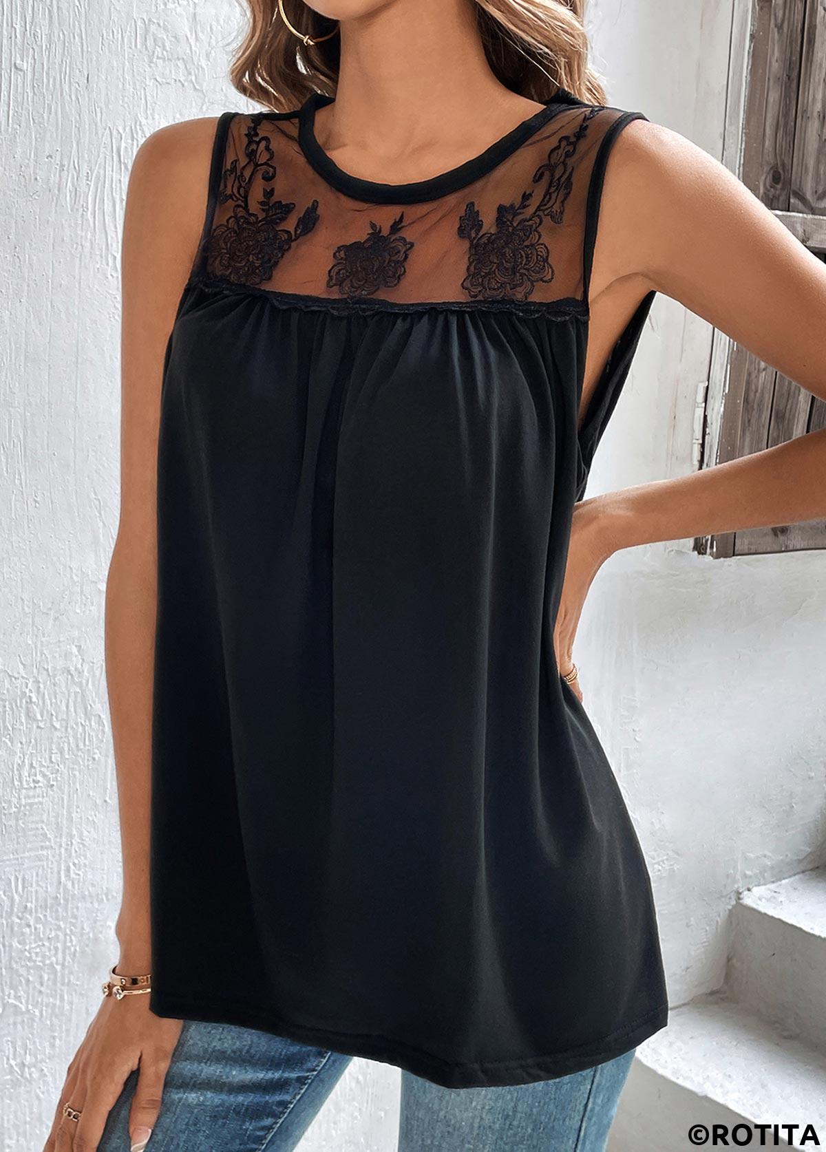 Black tops,Plain Color tops,Patchwork Black Round Neck Sleeveless Tank Top