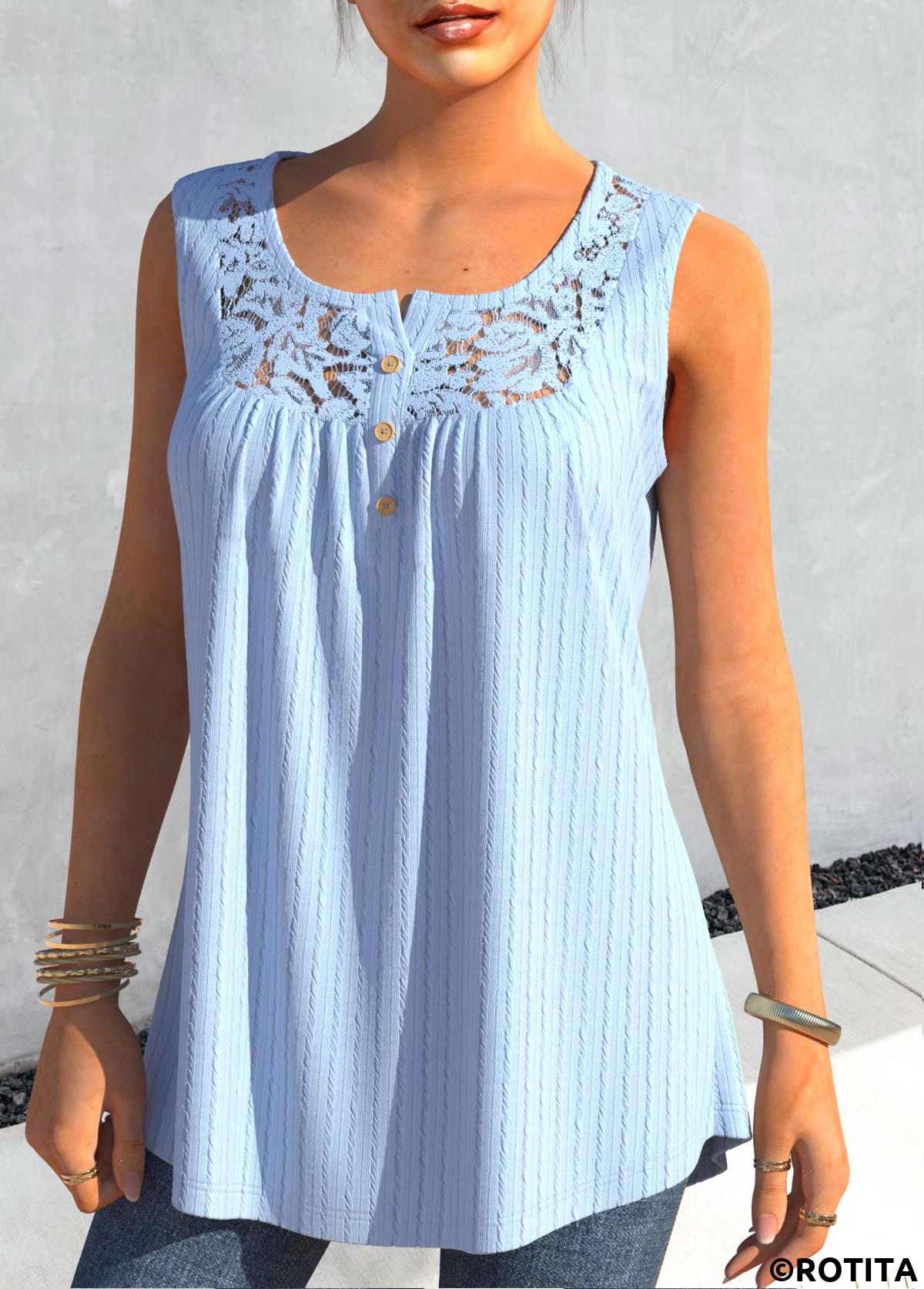 Light Blue tops,Plain Color tops,ROTITA Lace Light Blue Split Neck Tank Top