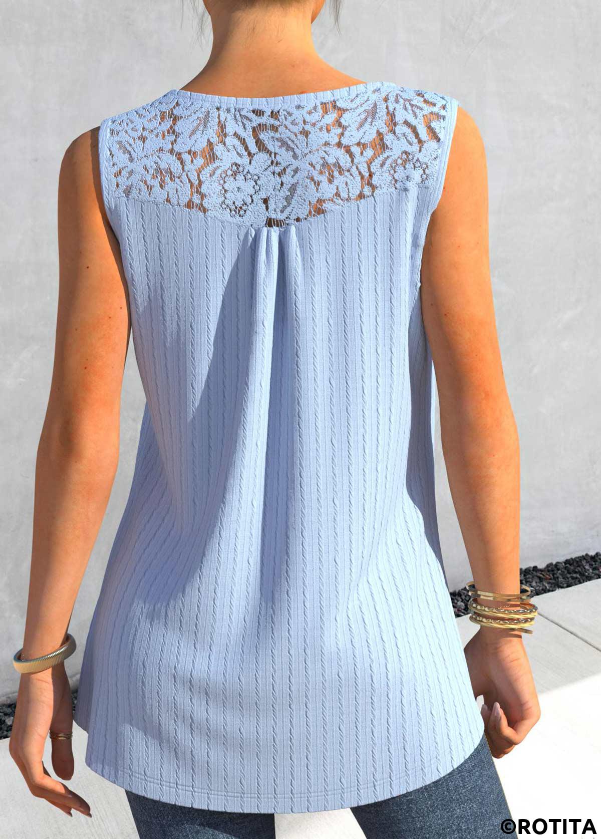 Light Blue tops,Plain Color tops,ROTITA Lace Light Blue Split Neck Tank Top