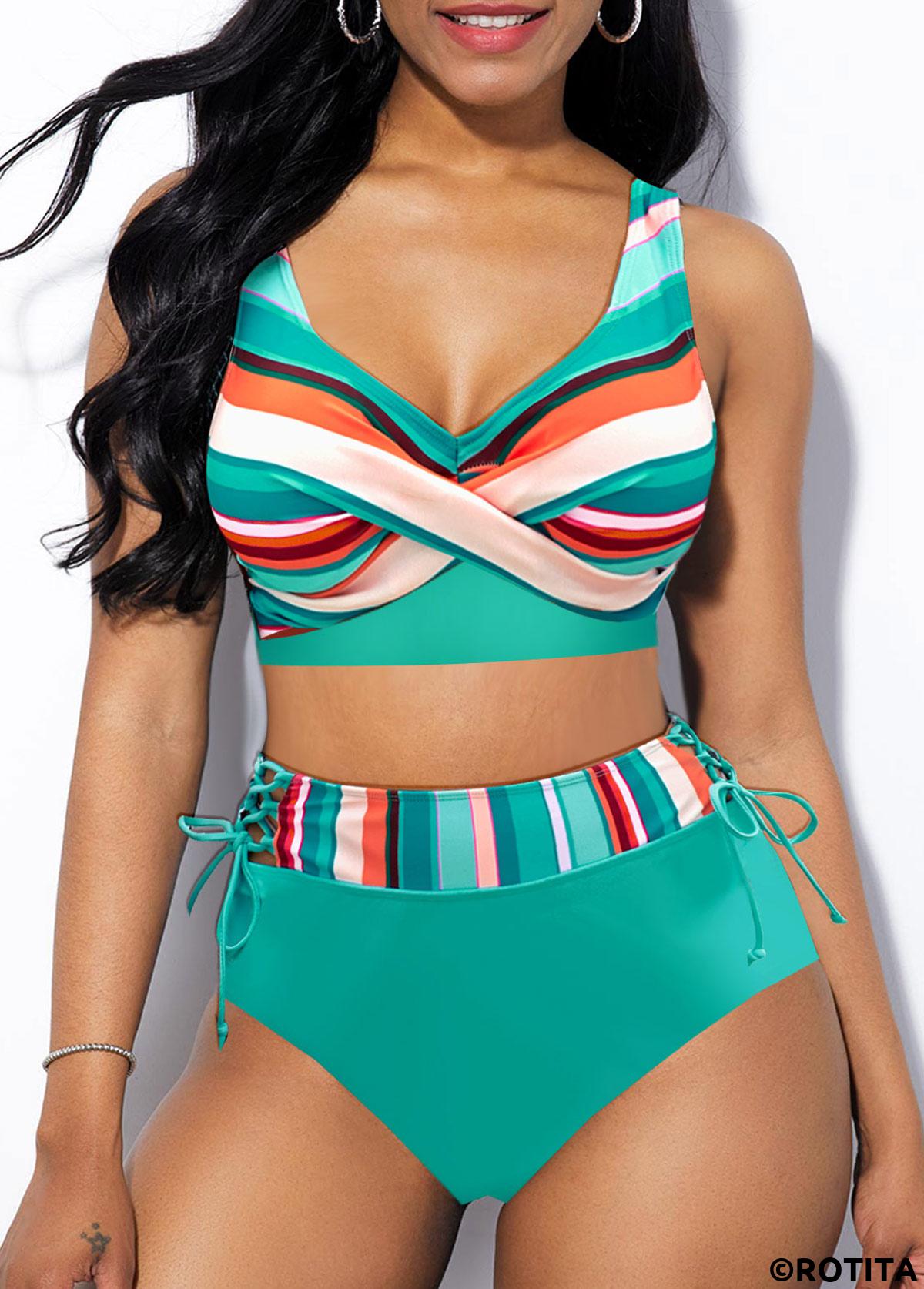 Mint Green swimwear,Striped swimwear,ROTITA Criss Cross Mint Green Striped Bikini Top