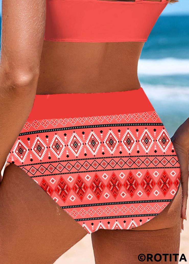 Coral swimwear,Geometric swimwear,ROTITA Coral Geometric Print Mid Waisted Bikini Bottom