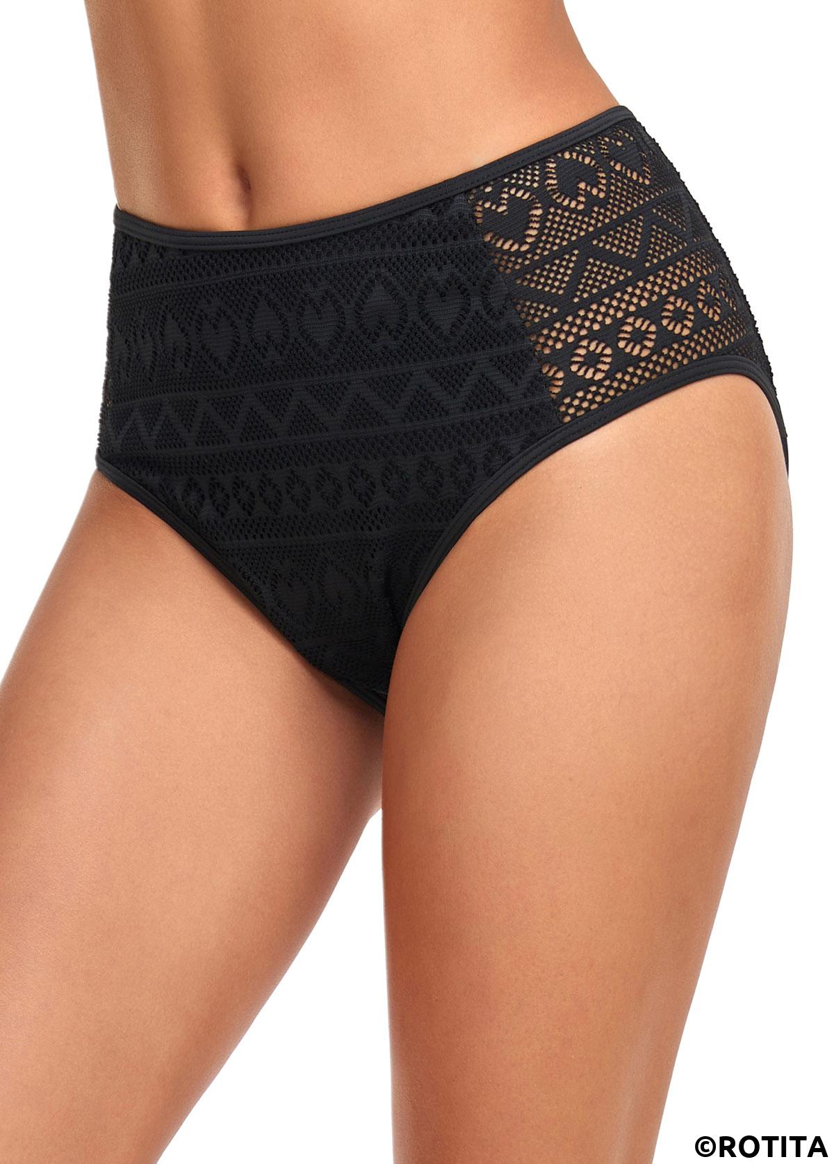 Black swimwear,Plain Color swimwear,ROTITA Black Mid Waisted Lace Stitching Bikini Bottom
