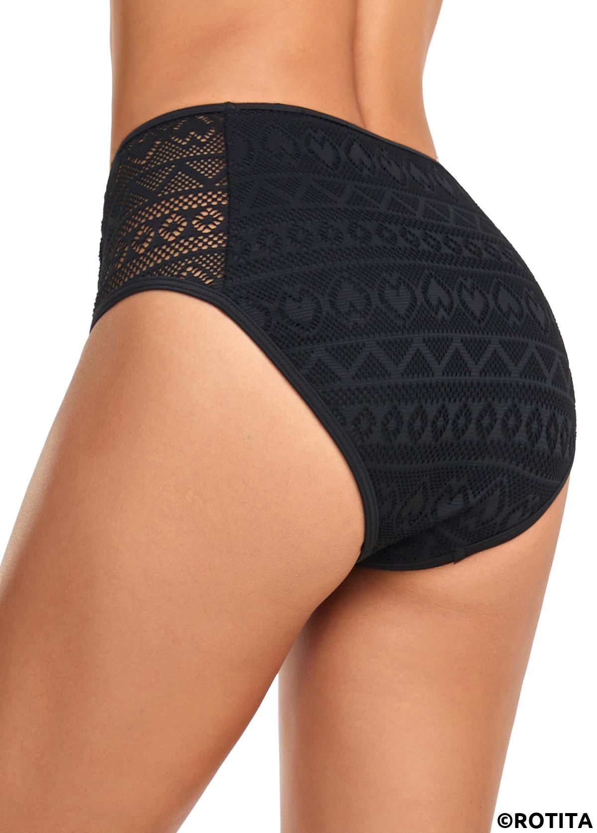 Black swimwear,Plain Color swimwear,ROTITA Black Mid Waisted Lace Stitching Bikini Bottom