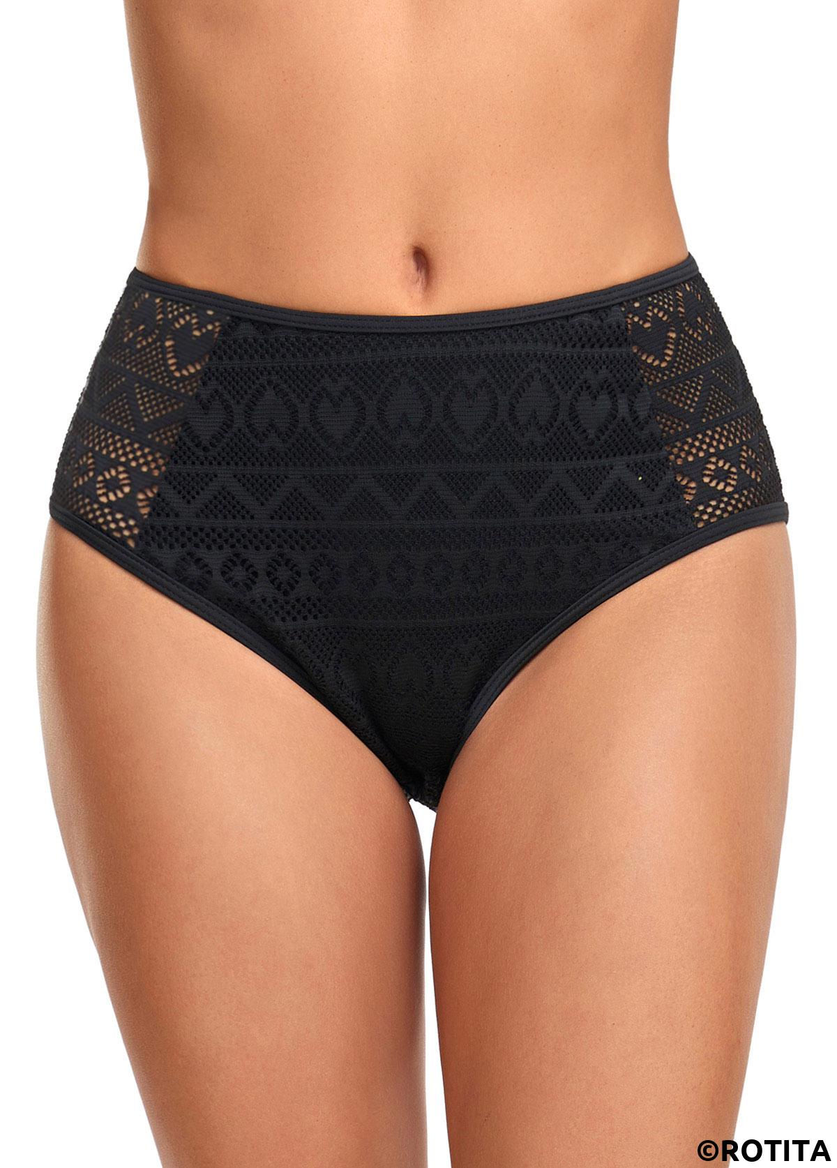 Black swimwear,Plain Color swimwear,ROTITA Black Mid Waisted Lace Stitching Bikini Bottom